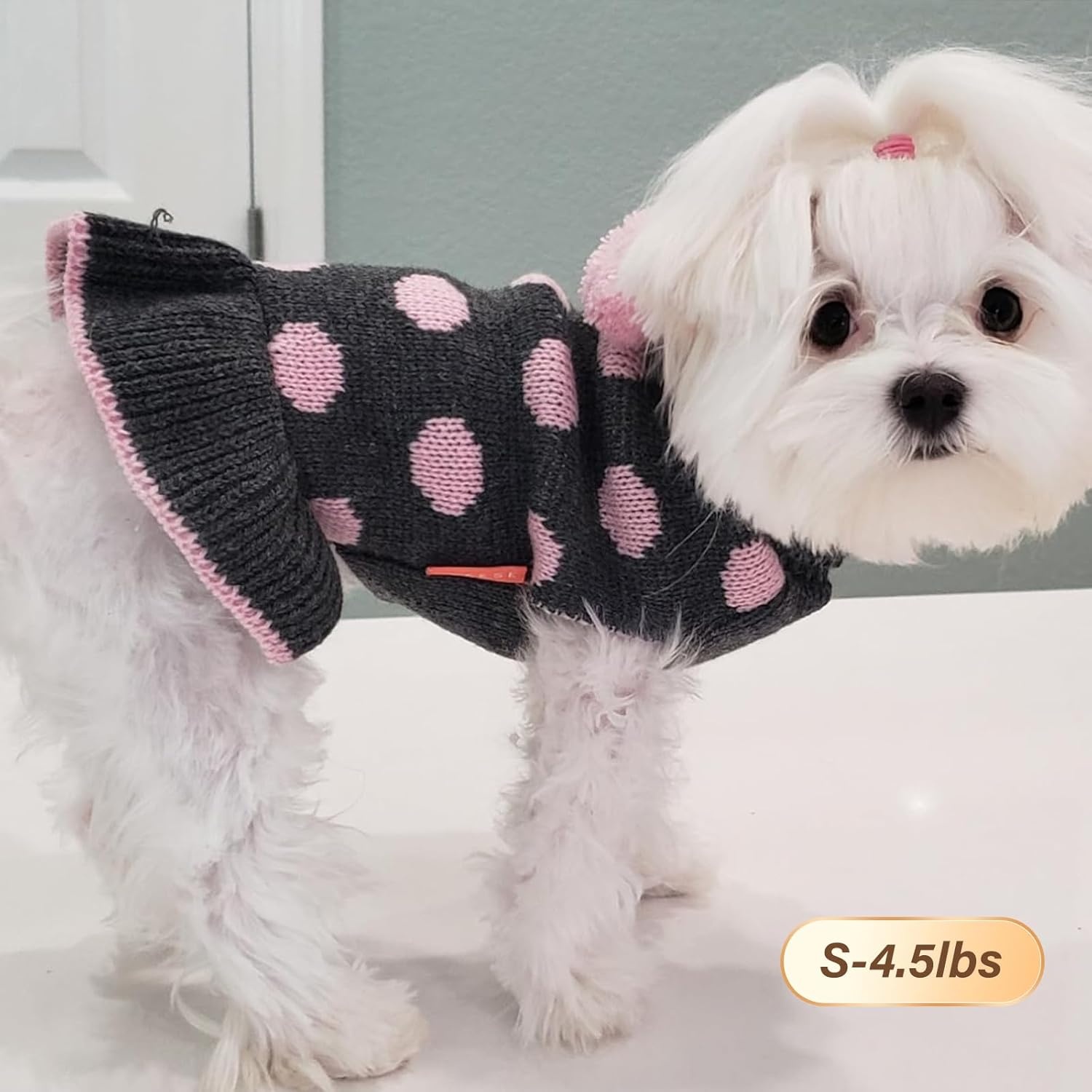 image:imageKYEESE Dog Sweaters with Leash Hole for Small Dogs Turtleneck Dog Sweater Dress for Girl Polka Dot Knit Pullover Doggie Sweater Warm Pet Sweater02 Polkadot Grey