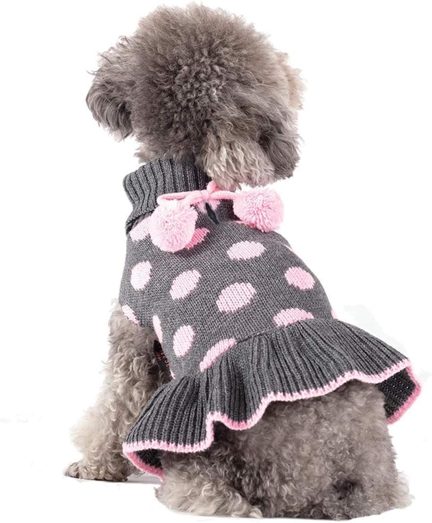 image:imageKYEESE Dog Sweaters with Leash Hole for Small Dogs Turtleneck Dog Sweater Dress for Girl Polka Dot Knit Pullover Doggie Sweater Warm Pet Sweater02 Polkadot Grey