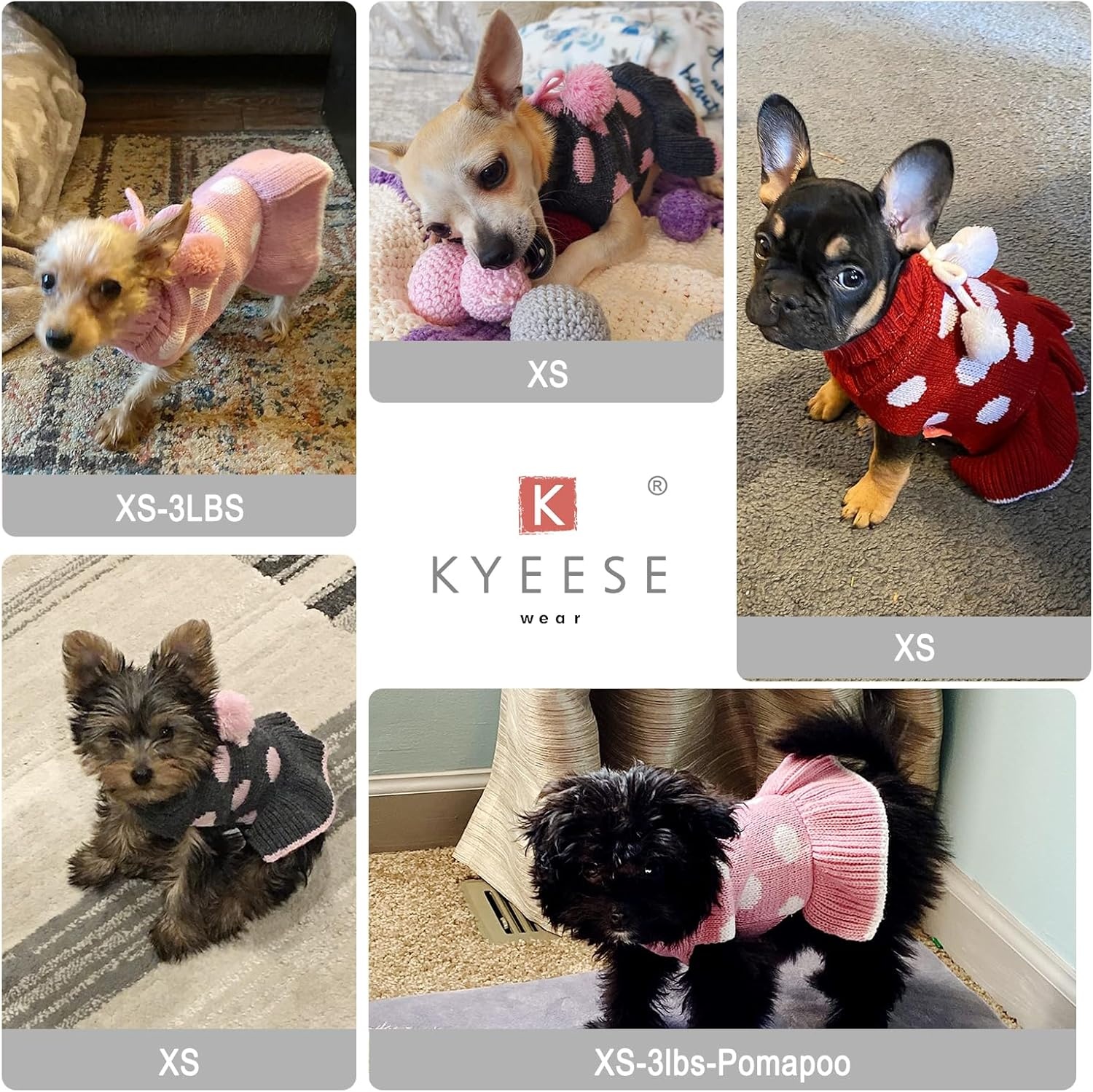 image:imageKYEESE Dog Sweaters with Leash Hole for Small Dogs Turtleneck Dog Sweater Dress for Girl Polka Dot Knit Pullover Doggie Sweater Warm Pet Sweater02 Polkadot Grey