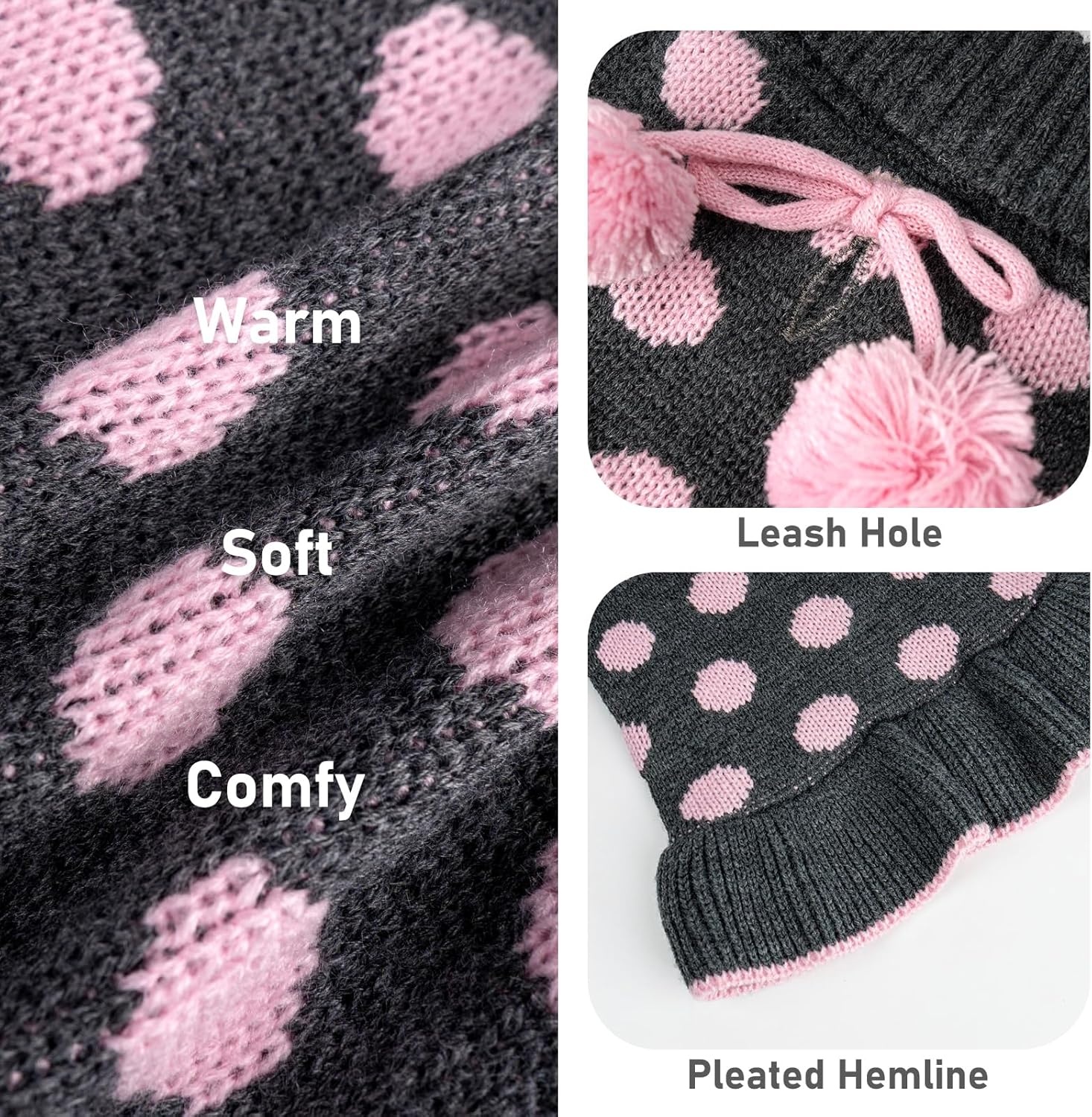 image:imageKYEESE Dog Sweaters with Leash Hole for Small Dogs Turtleneck Dog Sweater Dress for Girl Polka Dot Knit Pullover Doggie Sweater Warm Pet Sweater02 Polkadot Grey