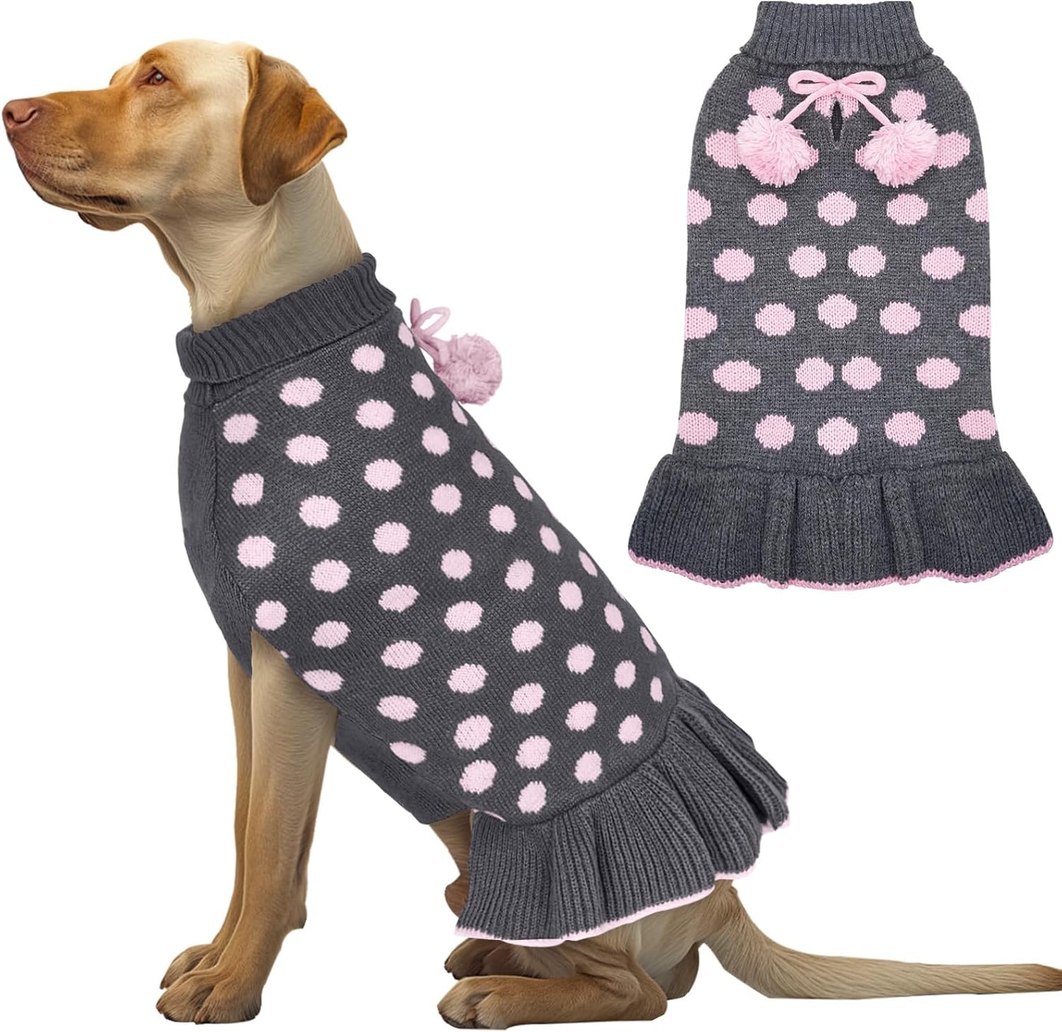 image:imageKYEESE Dog Sweaters with Leash Hole for Small Dogs Turtleneck Dog Sweater Dress for Girl Polka Dot Knit Pullover Doggie Sweater Warm Pet Sweater02 Polkadot Grey