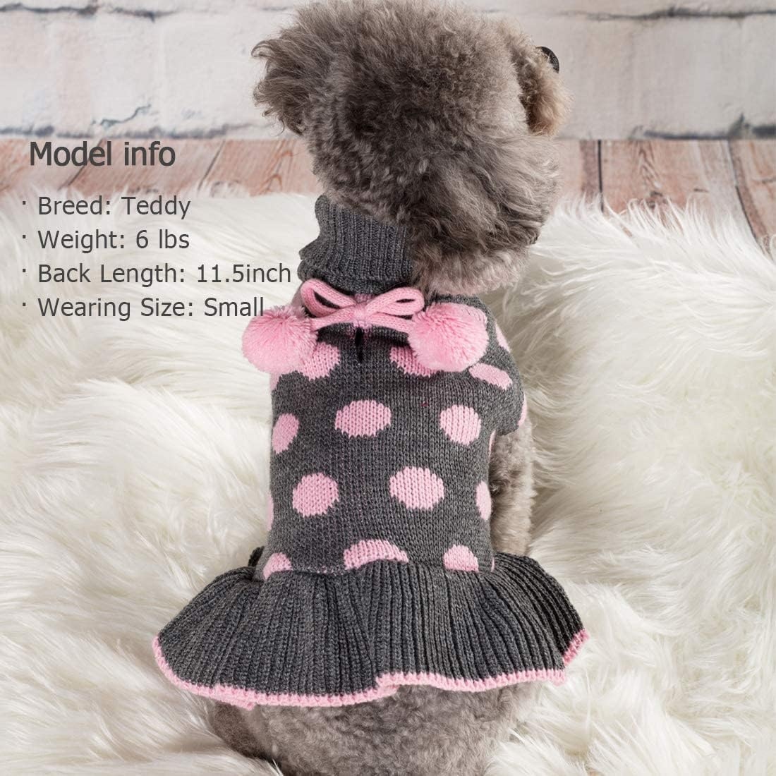 image:imageKYEESE Dog Sweaters with Leash Hole for Small Dogs Turtleneck Dog Sweater Dress for Girl Polka Dot Knit Pullover Doggie Sweater Warm Pet Sweater02 Polkadot Grey