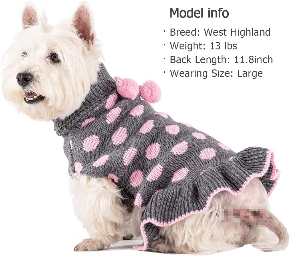 image:imageKYEESE Dog Sweaters with Leash Hole for Small Dogs Turtleneck Dog Sweater Dress for Girl Polka Dot Knit Pullover Doggie Sweater Warm Pet Sweater02 Polkadot Grey