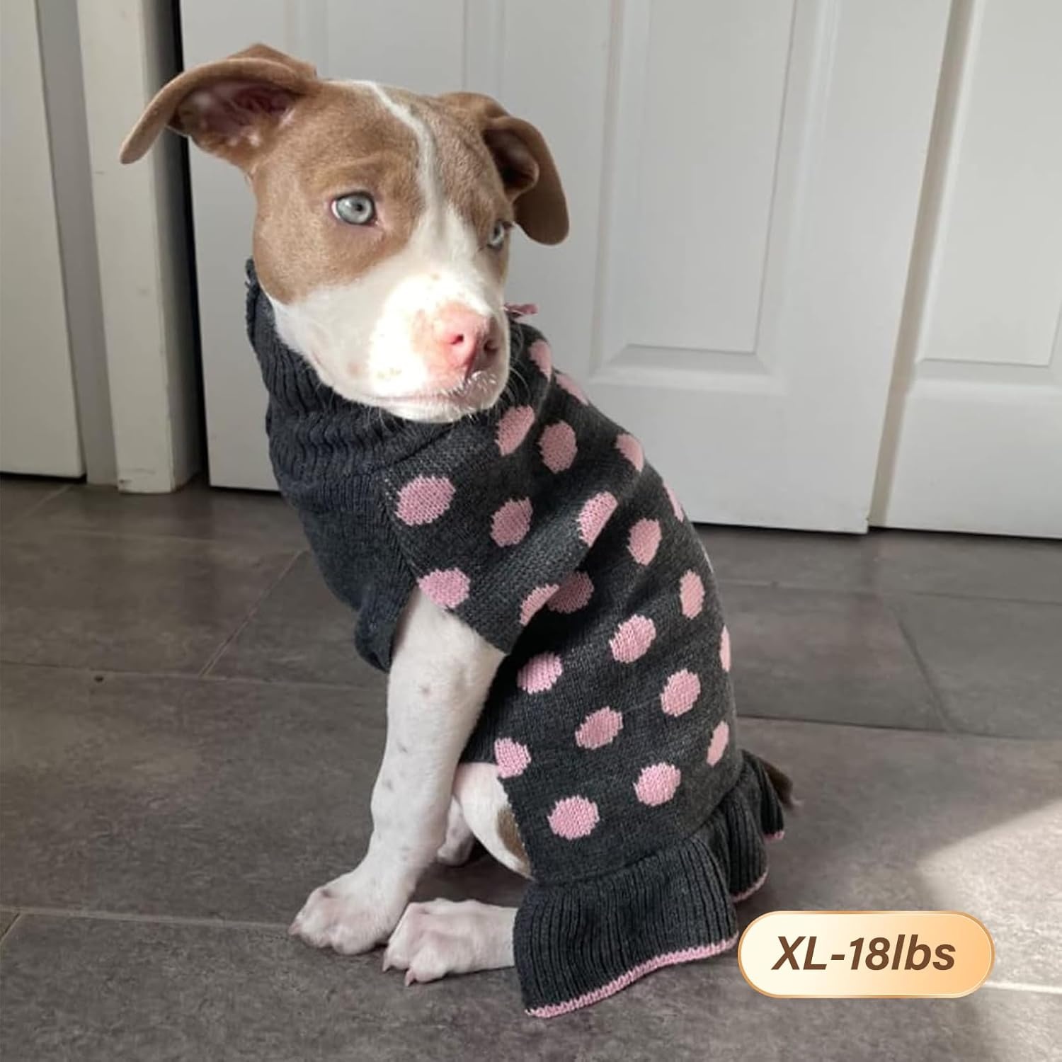 image:imageKYEESE Dog Sweaters with Leash Hole for Small Dogs Turtleneck Dog Sweater Dress for Girl Polka Dot Knit Pullover Doggie Sweater Warm Pet Sweater02 Polkadot Grey