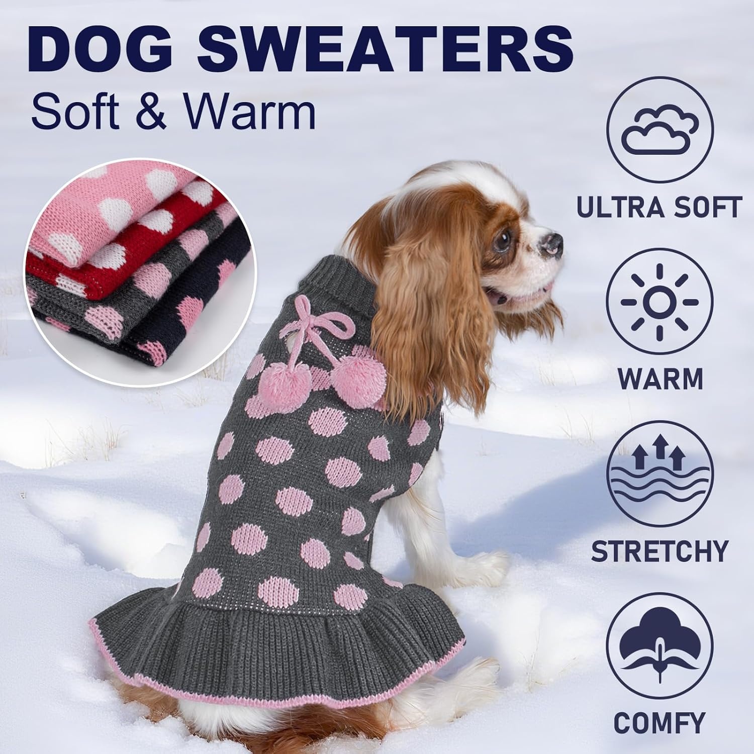 image:imageKYEESE Dog Sweaters with Leash Hole for Small Dogs Turtleneck Dog Sweater Dress for Girl Polka Dot Knit Pullover Doggie Sweater Warm Pet Sweater02 Polkadot Grey