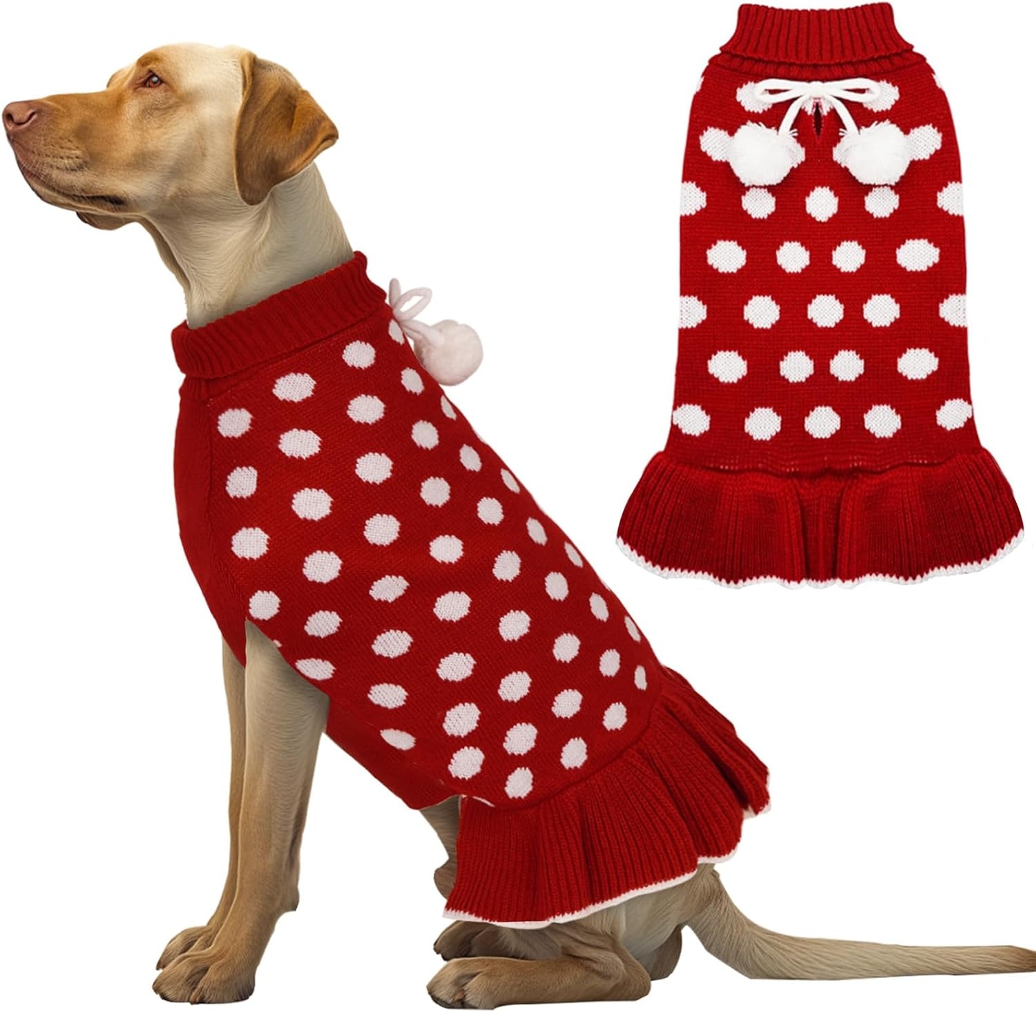 image:imageKYEESE Dog Sweaters with Leash Hole for Small Dogs Turtleneck Dog Sweater Dress for Girl Polka Dot Knit Pullover Doggie Sweater Warm Pet Sweater04 Polkadot Red