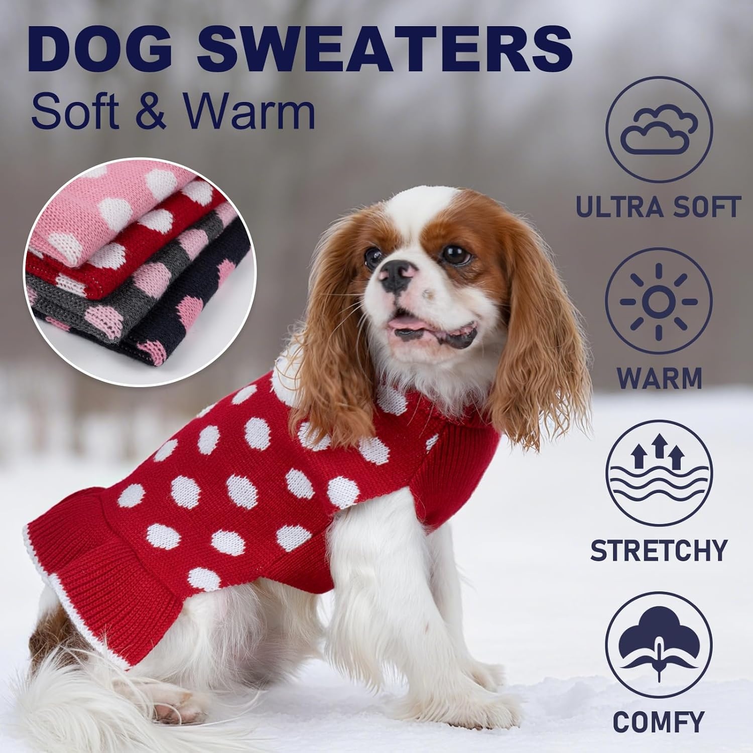 image:imageKYEESE Dog Sweaters with Leash Hole for Small Dogs Turtleneck Dog Sweater Dress for Girl Polka Dot Knit Pullover Doggie Sweater Warm Pet Sweater04 Polkadot Red
