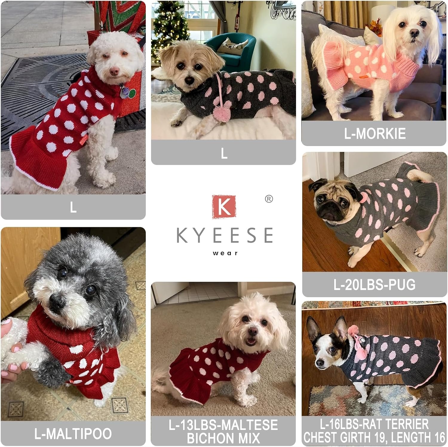 image:imageKYEESE Dog Sweaters with Leash Hole for Small Dogs Turtleneck Dog Sweater Dress for Girl Polka Dot Knit Pullover Doggie Sweater Warm Pet Sweater04 Polkadot Red