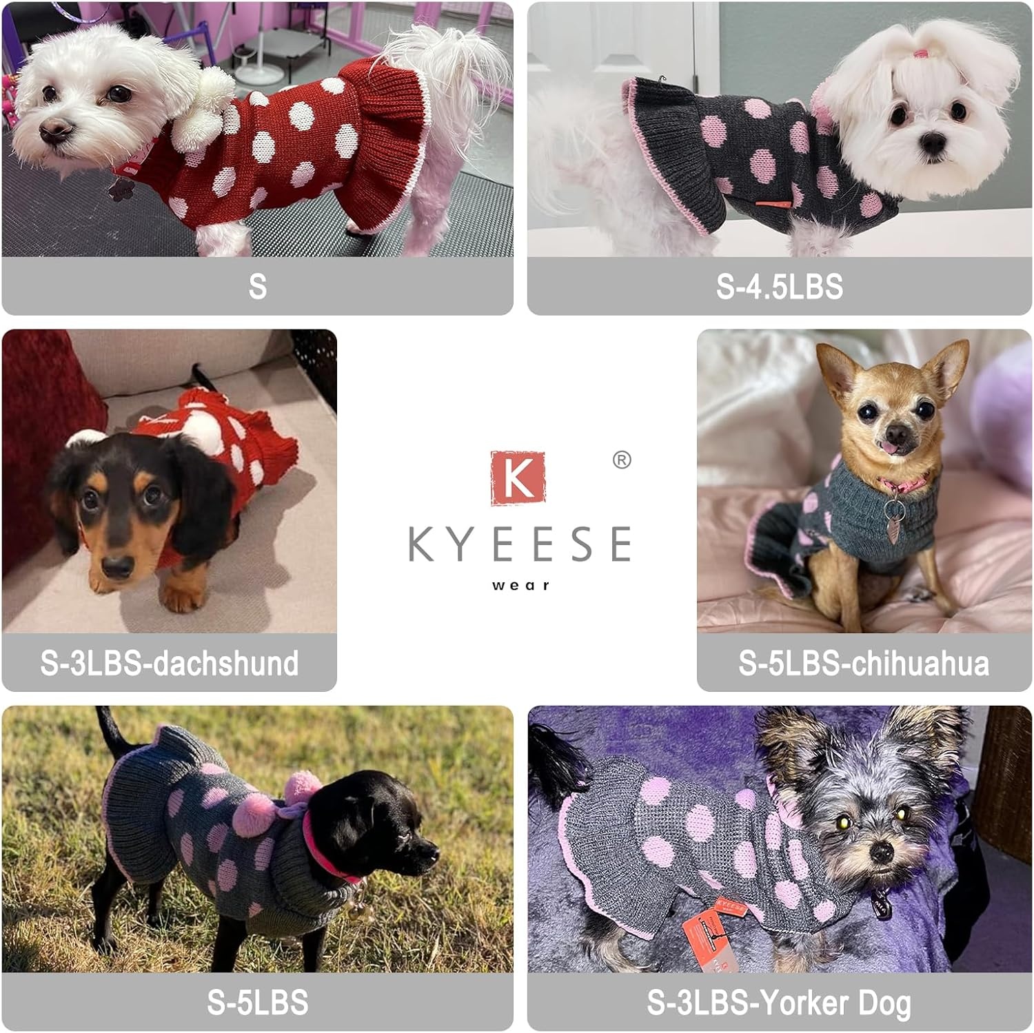 image:imageKYEESE Dog Sweaters with Leash Hole for Small Dogs Turtleneck Dog Sweater Dress for Girl Polka Dot Knit Pullover Doggie Sweater Warm Pet Sweater04 Polkadot Red