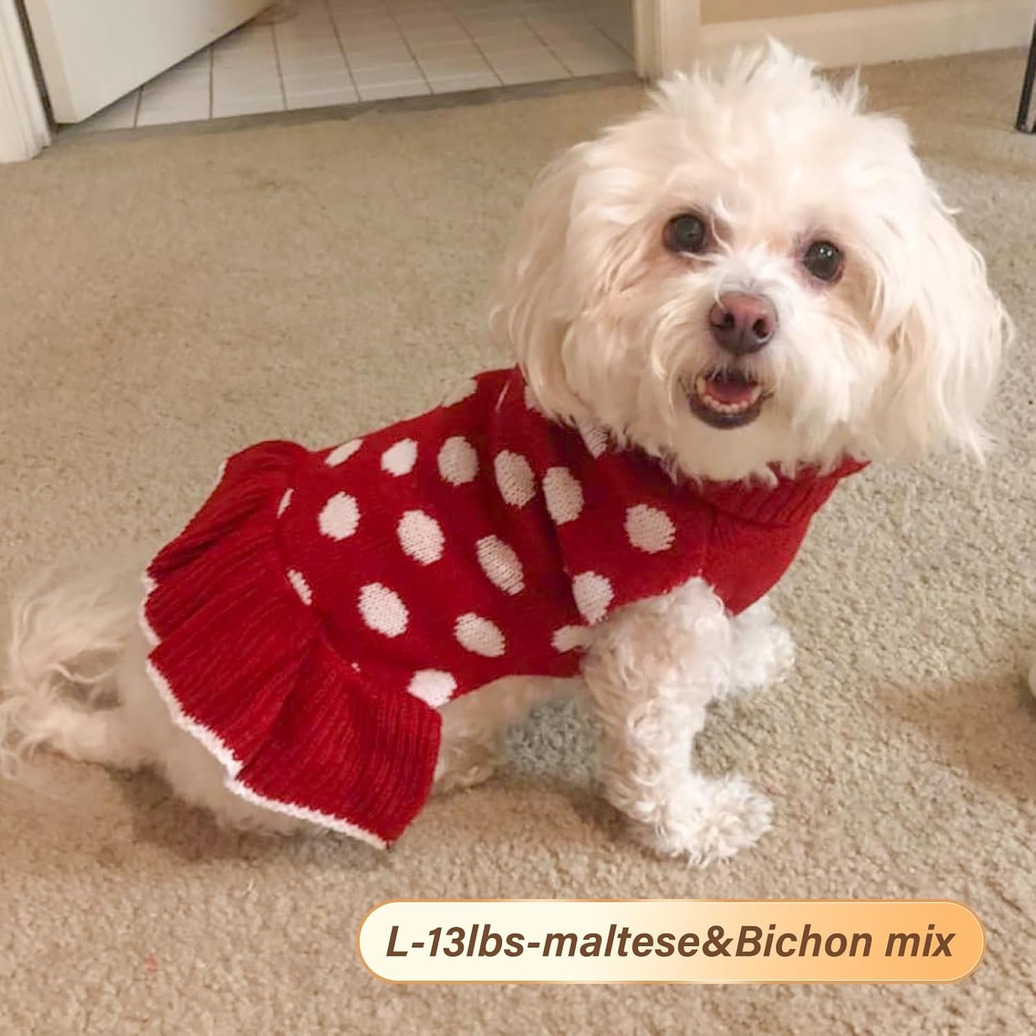 image:imageKYEESE Dog Sweaters with Leash Hole for Small Dogs Turtleneck Dog Sweater Dress for Girl Polka Dot Knit Pullover Doggie Sweater Warm Pet Sweater04 Polkadot Red
