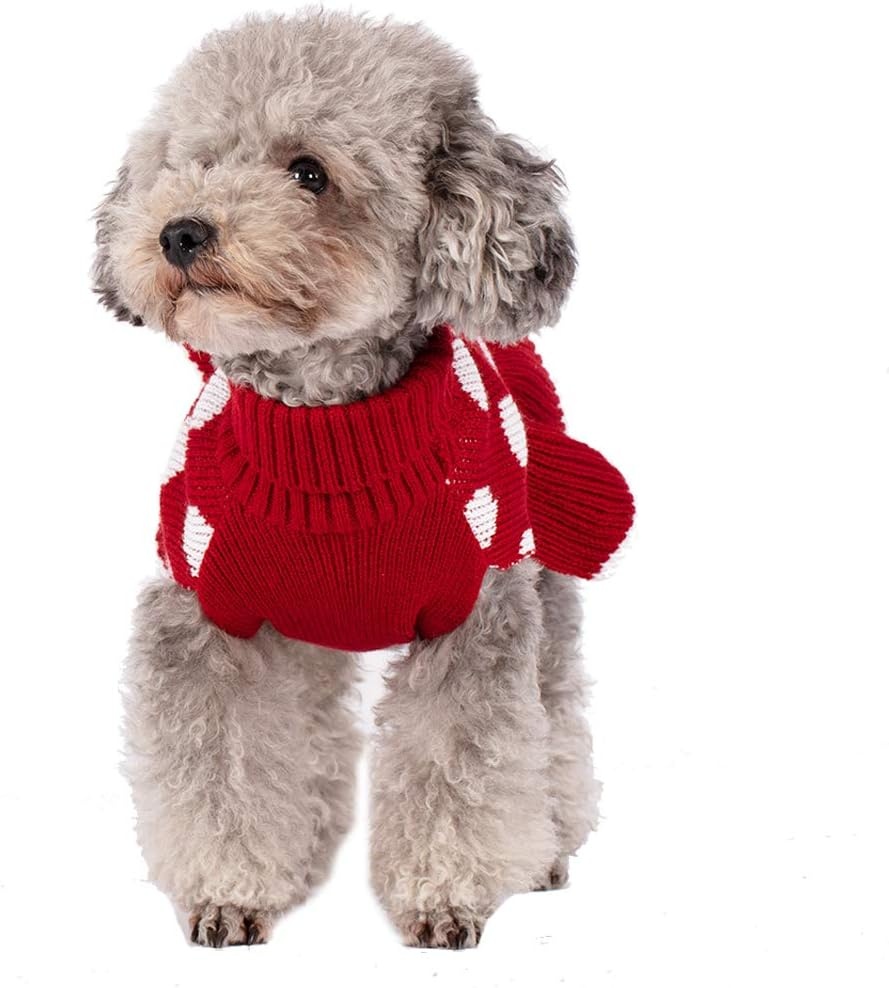 image:imageKYEESE Dog Sweaters with Leash Hole for Small Dogs Turtleneck Dog Sweater Dress for Girl Polka Dot Knit Pullover Doggie Sweater Warm Pet Sweater04 Polkadot Red