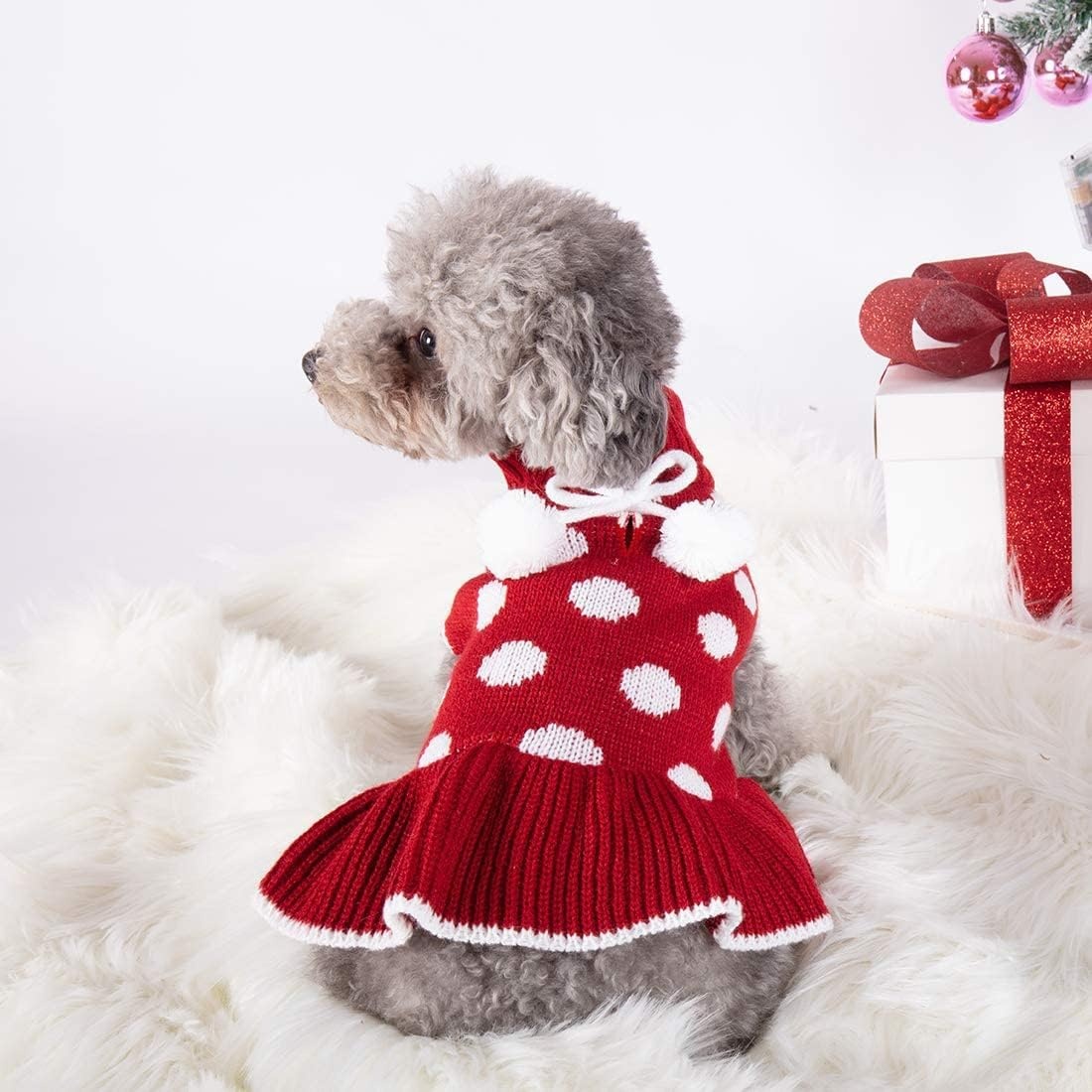 image:imageKYEESE Dog Sweaters with Leash Hole for Small Dogs Turtleneck Dog Sweater Dress for Girl Polka Dot Knit Pullover Doggie Sweater Warm Pet Sweater04 Polkadot Red