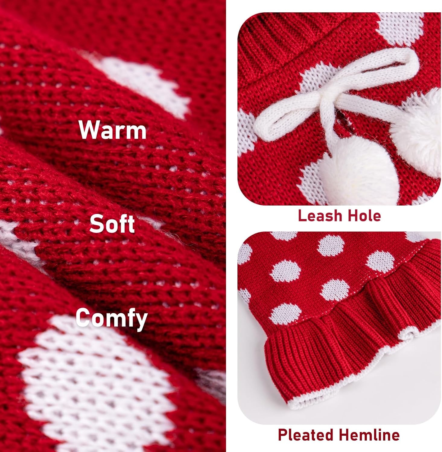 image:imageKYEESE Dog Sweaters with Leash Hole for Small Dogs Turtleneck Dog Sweater Dress for Girl Polka Dot Knit Pullover Doggie Sweater Warm Pet Sweater04 Polkadot Red