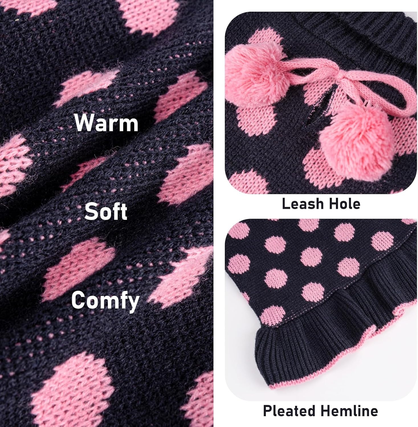 image:imageKYEESE Dog Sweaters with Leash Hole for Small Dogs Turtleneck Dog Sweater Dress for Girl Polka Dot Knit Pullover Doggie Sweater Warm Pet Sweater05 Navyblue