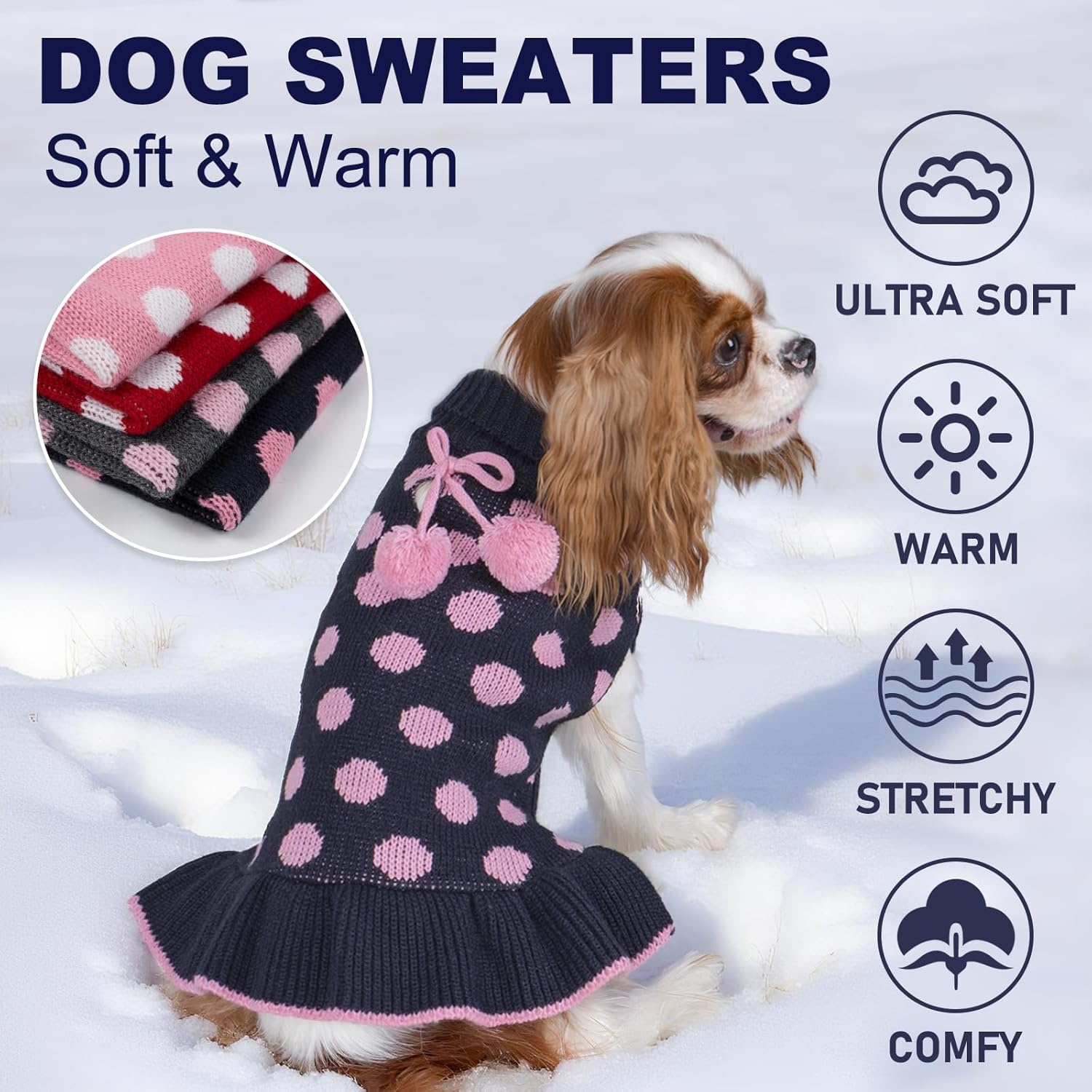 image:imageKYEESE Dog Sweaters with Leash Hole for Small Dogs Turtleneck Dog Sweater Dress for Girl Polka Dot Knit Pullover Doggie Sweater Warm Pet Sweater05 Navyblue