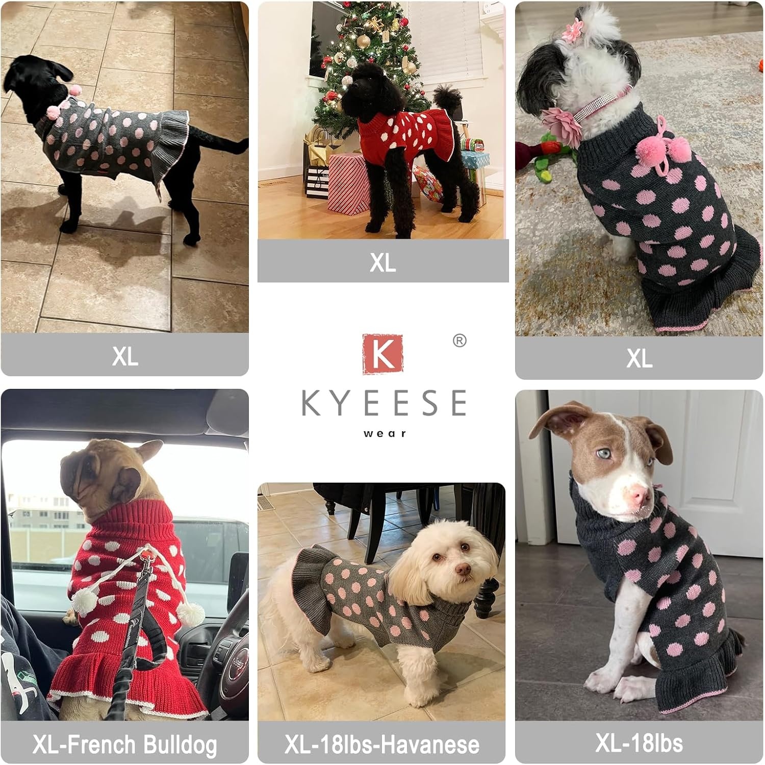 image:imageKYEESE Dog Sweaters with Leash Hole for Small Dogs Turtleneck Dog Sweater Dress for Girl Polka Dot Knit Pullover Doggie Sweater Warm Pet Sweater05 Navyblue