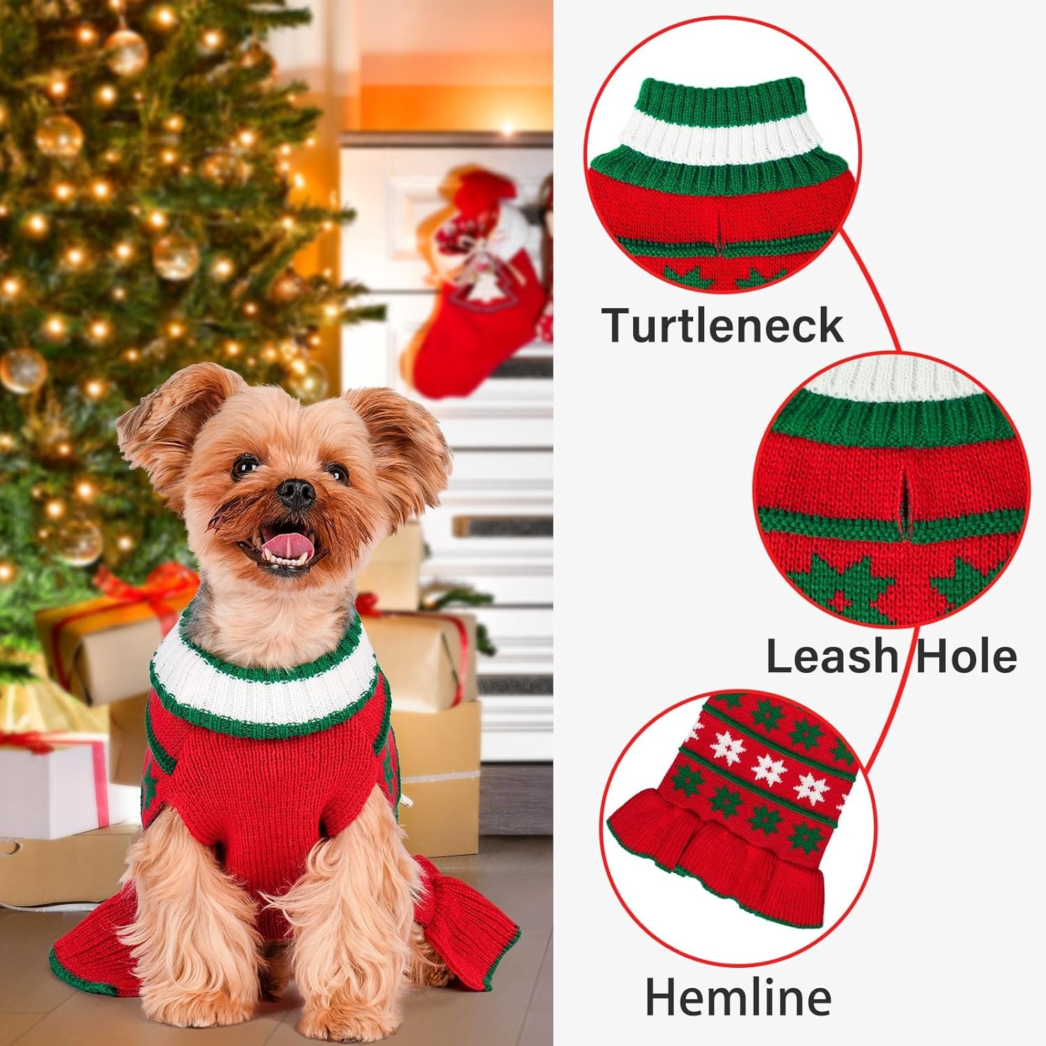 image:imageKYEESE Dog Sweaters with Leash Hole for Small Dogs Turtleneck Dog Sweater Dress for Girl Polka Dot Knit Pullover Doggie Sweater Warm Pet Sweater08 Girl Red