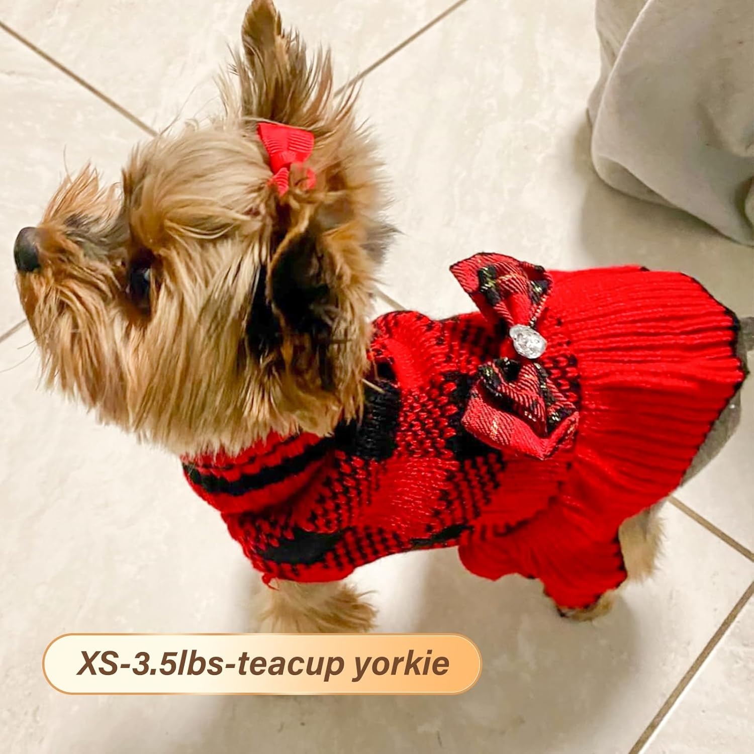 image:imageKYEESE Dog Sweaters with Leash Hole for Small Dogs Turtleneck Dog Sweater Dress for Girl Polka Dot Knit Pullover Doggie Sweater Warm Pet Sweater09Red Plaid
