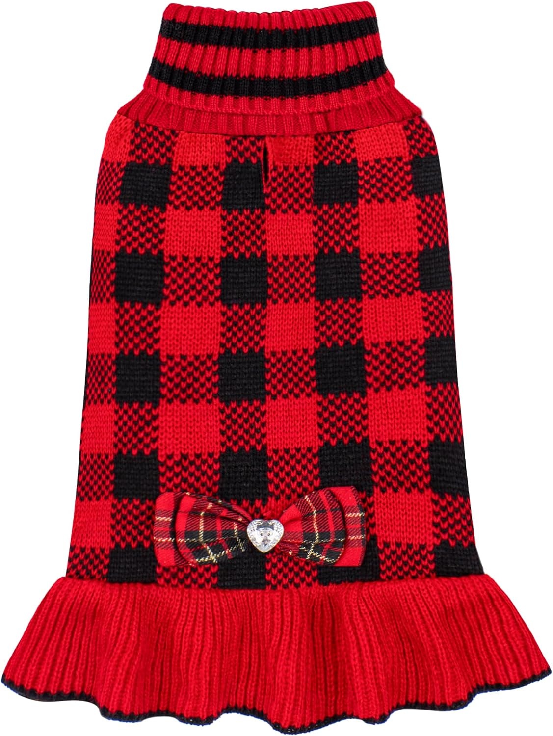 image:imageKYEESE Dog Sweaters with Leash Hole for Small Dogs Turtleneck Dog Sweater Dress for Girl Polka Dot Knit Pullover Doggie Sweater Warm Pet Sweater09Red Plaid
