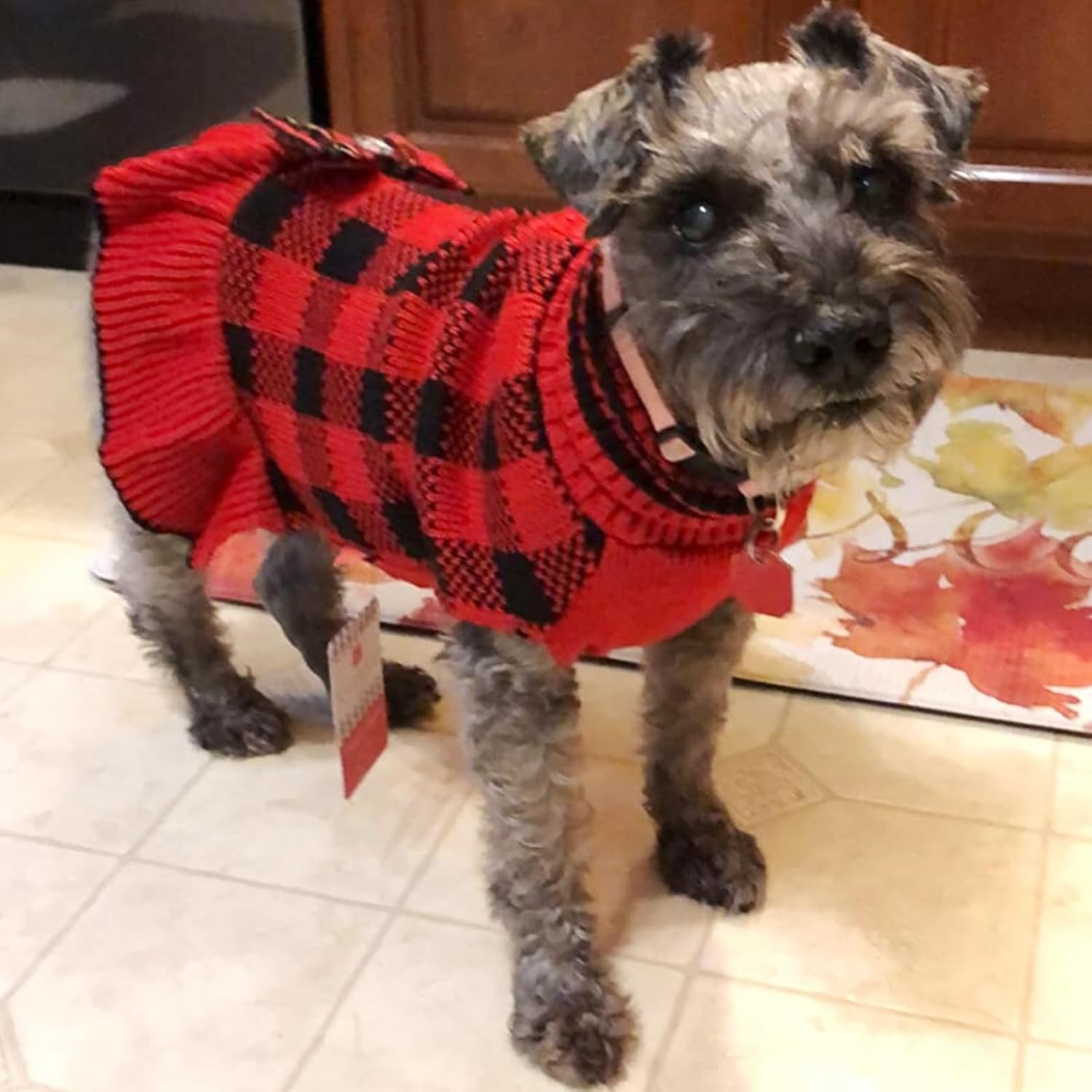 image:imageKYEESE Dog Sweaters with Leash Hole for Small Dogs Turtleneck Dog Sweater Dress for Girl Polka Dot Knit Pullover Doggie Sweater Warm Pet Sweater09Red Plaid