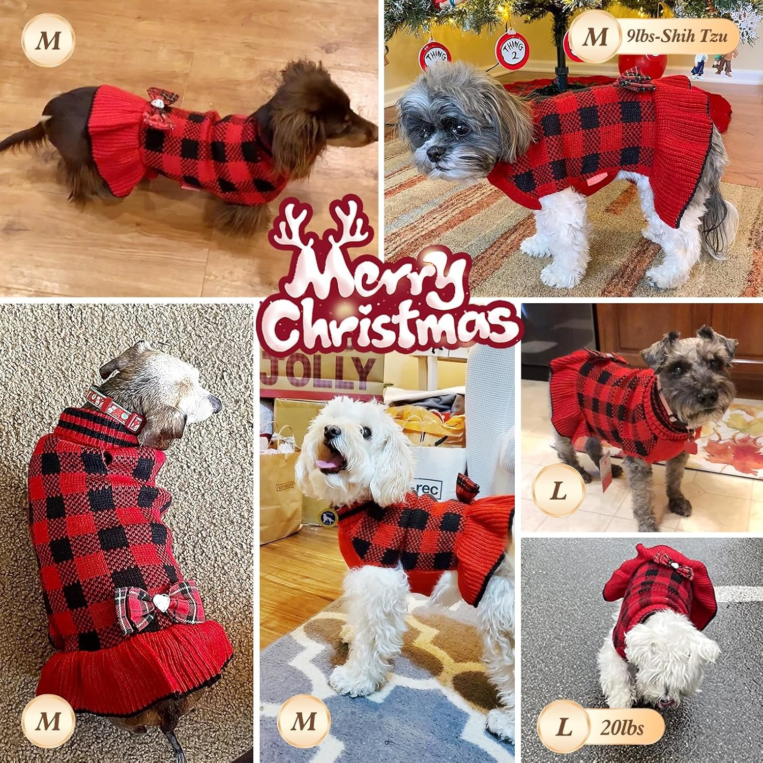 image:imageKYEESE Dog Sweaters with Leash Hole for Small Dogs Turtleneck Dog Sweater Dress for Girl Polka Dot Knit Pullover Doggie Sweater Warm Pet Sweater09Red Plaid
