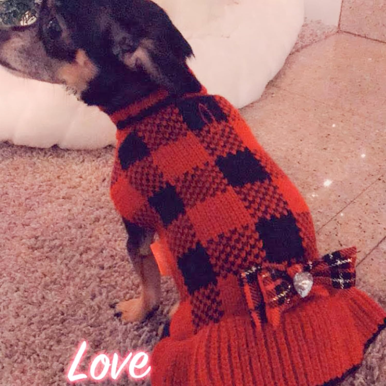 image:imageKYEESE Dog Sweaters with Leash Hole for Small Dogs Turtleneck Dog Sweater Dress for Girl Polka Dot Knit Pullover Doggie Sweater Warm Pet Sweater09Red Plaid
