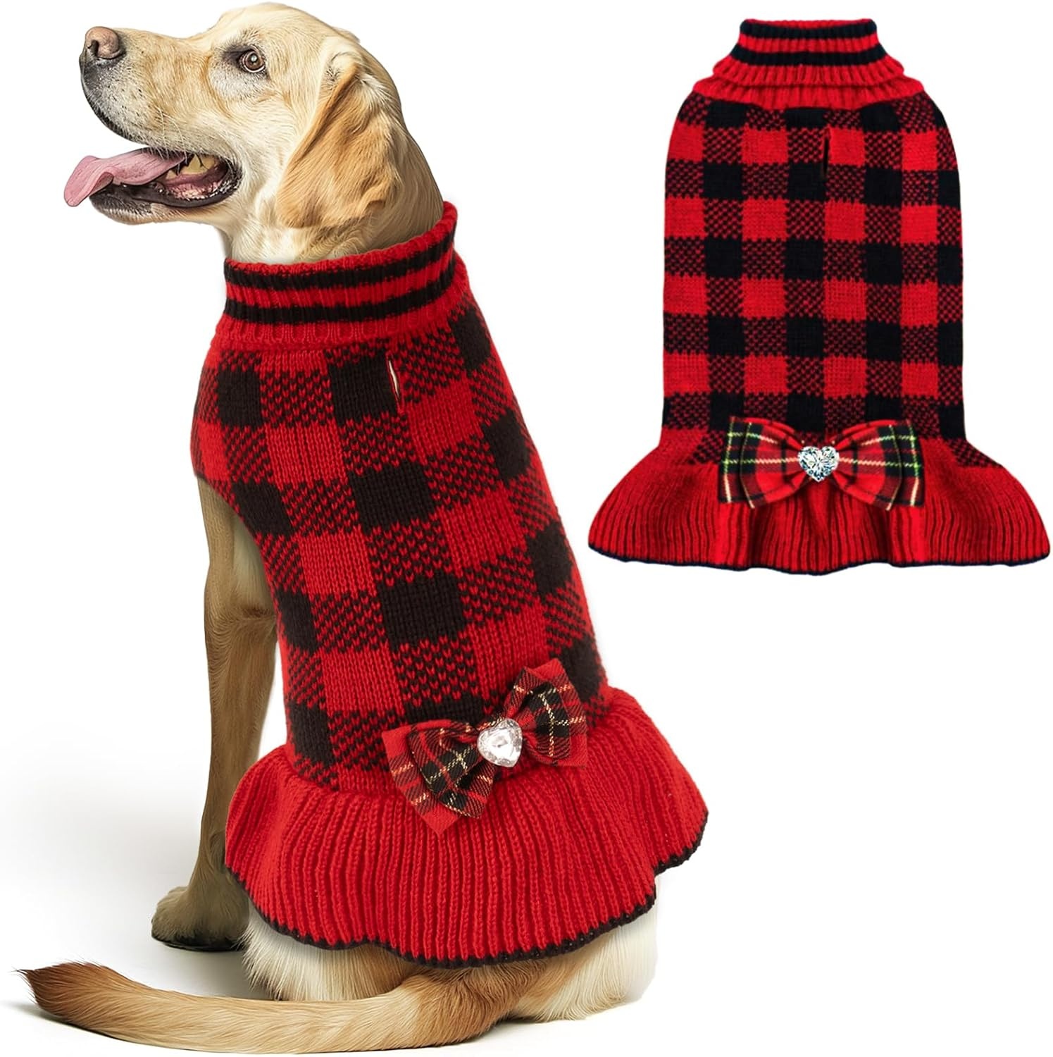 image:imageKYEESE Dog Sweaters with Leash Hole for Small Dogs Turtleneck Dog Sweater Dress for Girl Polka Dot Knit Pullover Doggie Sweater Warm Pet Sweater09Red Plaid