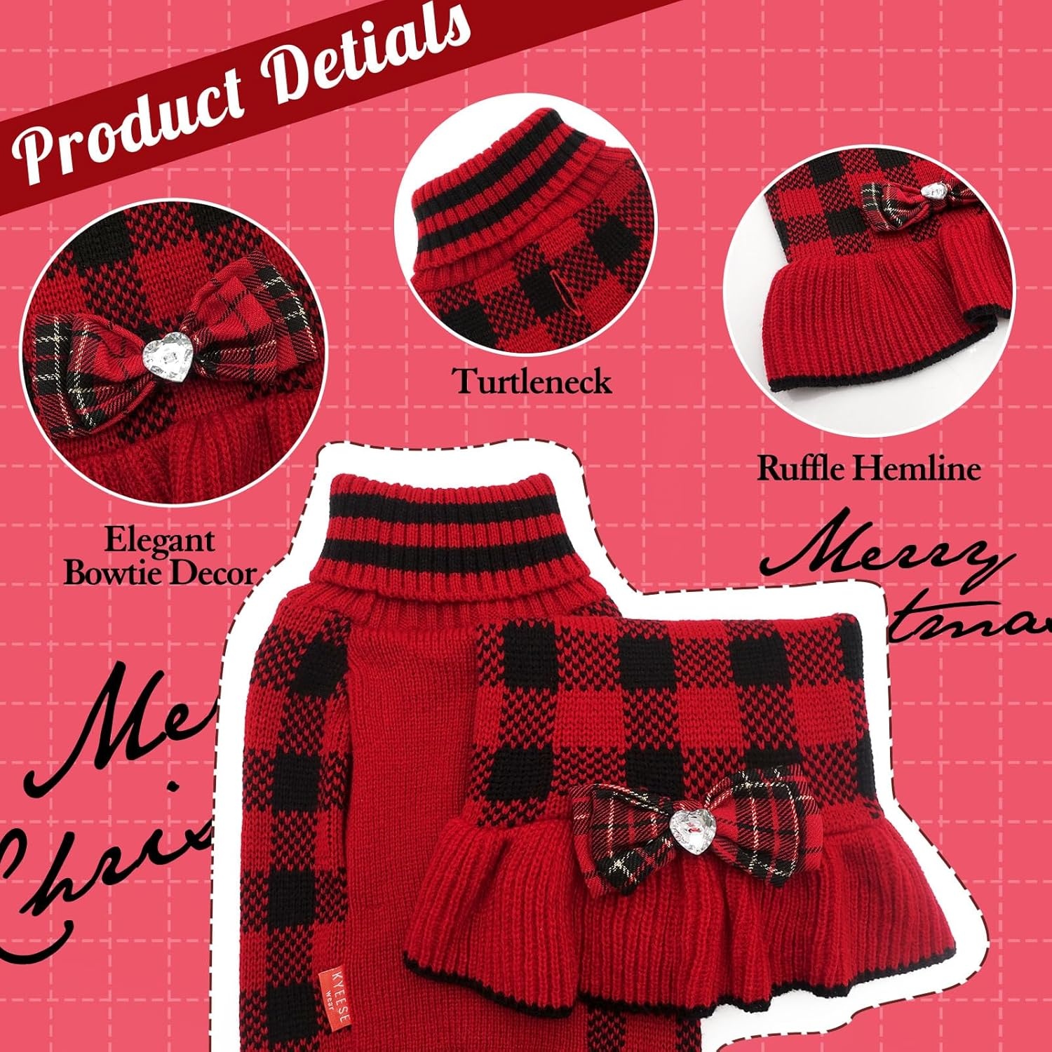 image:imageKYEESE Dog Sweaters with Leash Hole for Small Dogs Turtleneck Dog Sweater Dress for Girl Polka Dot Knit Pullover Doggie Sweater Warm Pet Sweater09Red Plaid