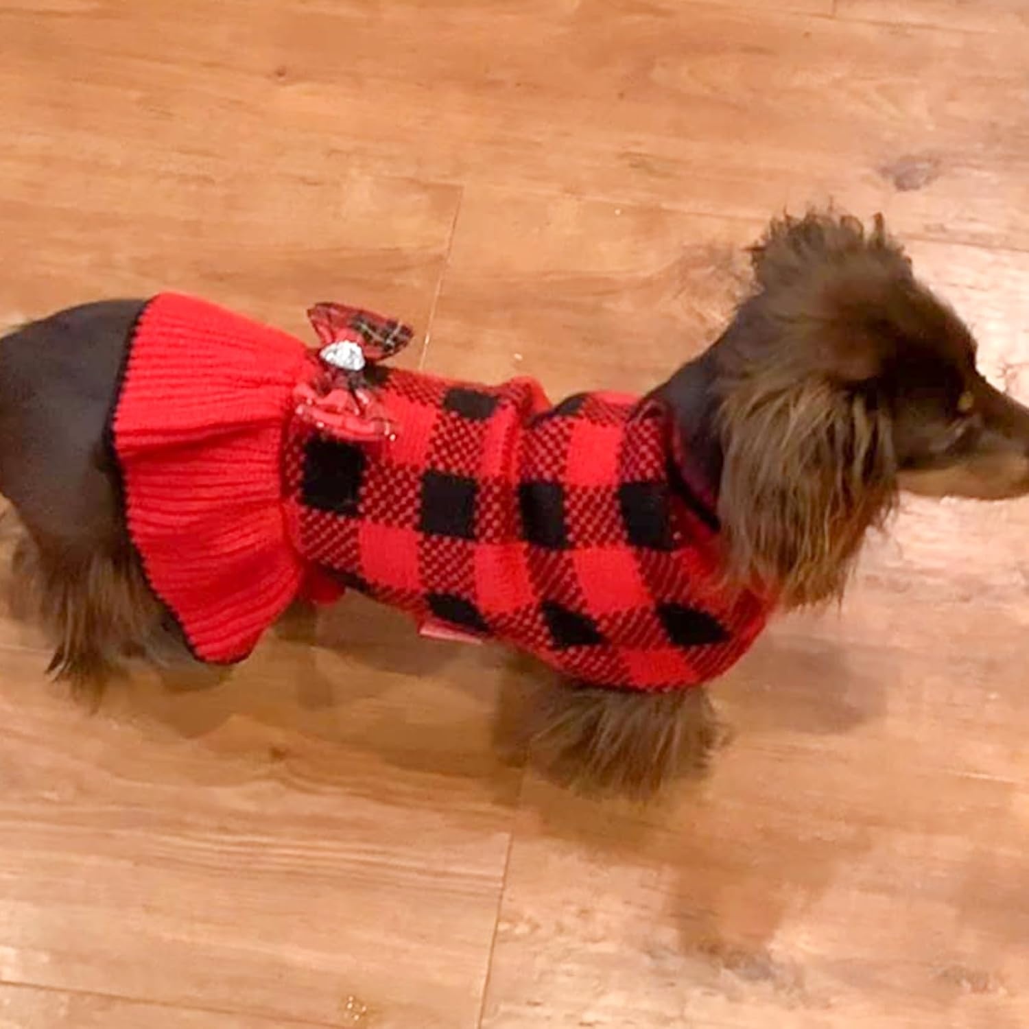 image:imageKYEESE Dog Sweaters with Leash Hole for Small Dogs Turtleneck Dog Sweater Dress for Girl Polka Dot Knit Pullover Doggie Sweater Warm Pet Sweater09Red Plaid