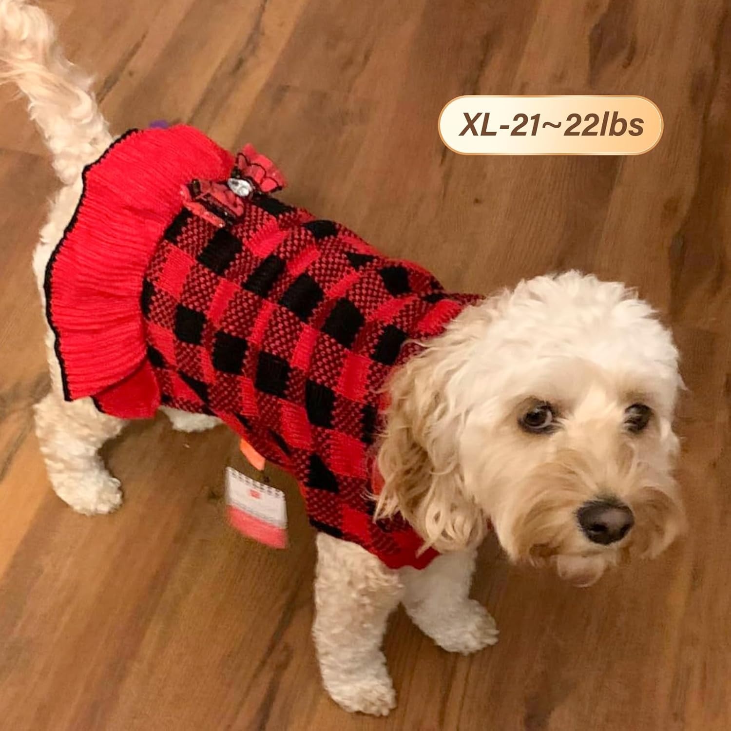 image:imageKYEESE Dog Sweaters with Leash Hole for Small Dogs Turtleneck Dog Sweater Dress for Girl Polka Dot Knit Pullover Doggie Sweater Warm Pet Sweater09Red Plaid