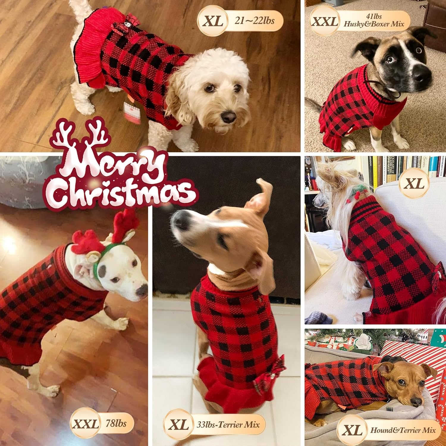 image:imageKYEESE Dog Sweaters with Leash Hole for Small Dogs Turtleneck Dog Sweater Dress for Girl Polka Dot Knit Pullover Doggie Sweater Warm Pet Sweater09Red Plaid