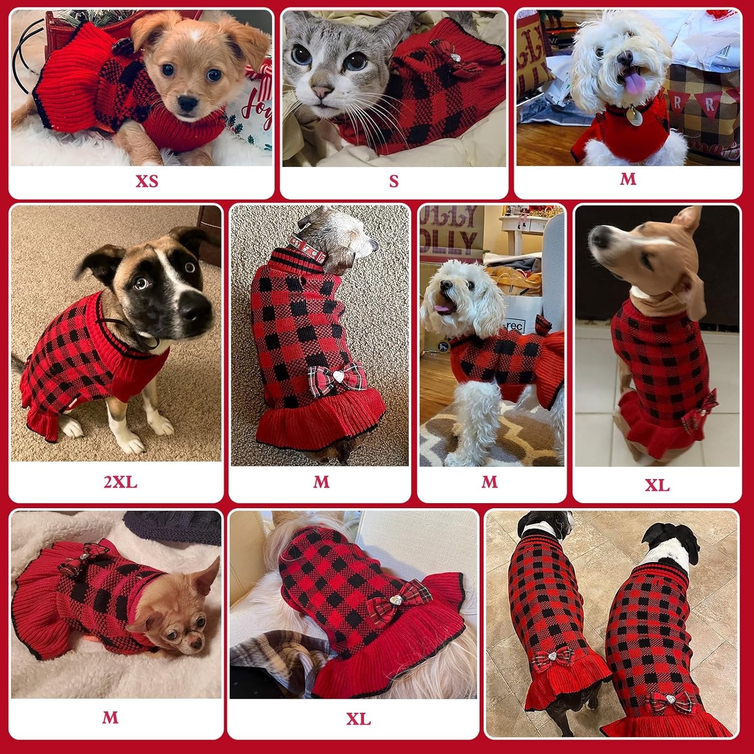 image:imageKYEESE Dog Sweaters with Leash Hole for Small Dogs Turtleneck Dog Sweater Dress for Girl Polka Dot Knit Pullover Doggie Sweater Warm Pet Sweater09Red Plaid