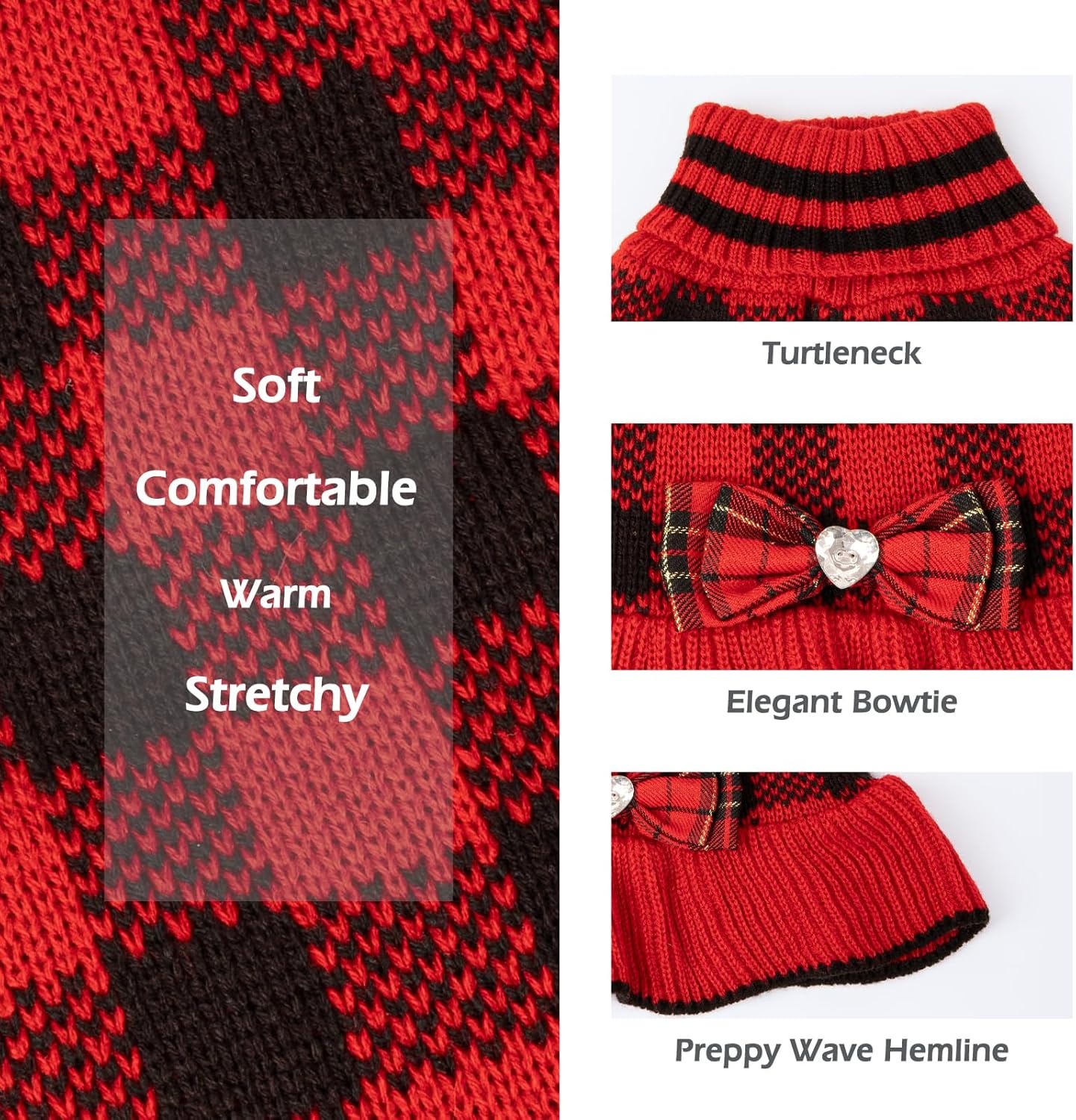 image:imageKYEESE Dog Sweaters with Leash Hole for Small Dogs Turtleneck Dog Sweater Dress for Girl Polka Dot Knit Pullover Doggie Sweater Warm Pet Sweater09Red Plaid