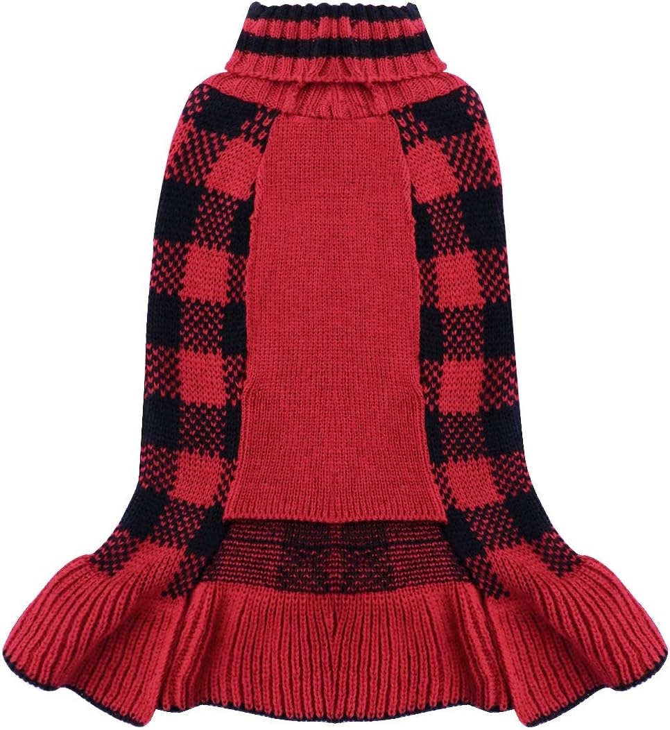 image:imageKYEESE Dog Sweaters with Leash Hole for Small Dogs Turtleneck Dog Sweater Dress for Girl Polka Dot Knit Pullover Doggie Sweater Warm Pet Sweater09Red Plaid