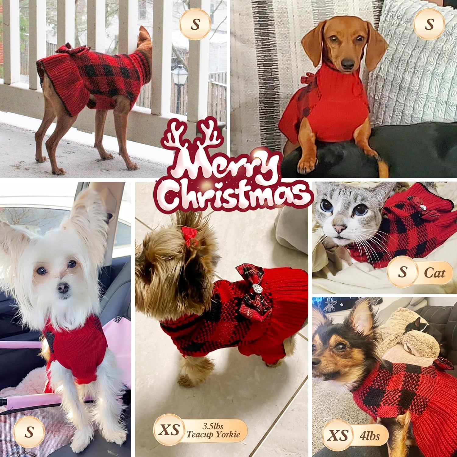 image:imageKYEESE Dog Sweaters with Leash Hole for Small Dogs Turtleneck Dog Sweater Dress for Girl Polka Dot Knit Pullover Doggie Sweater Warm Pet Sweater09Red Plaid