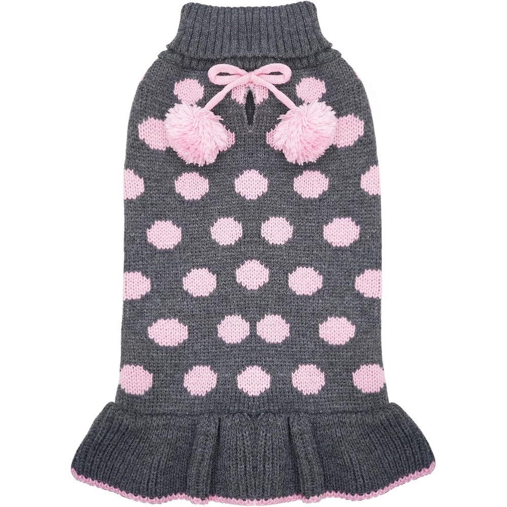image:imageKYEESE Dog Sweaters with Leash Hole for Small Dogs Turtleneck Dog Sweater Dress for Girl Polka Dot Knit Pullover Doggie Sweater Warm Pet Sweater02 Polkadot Grey