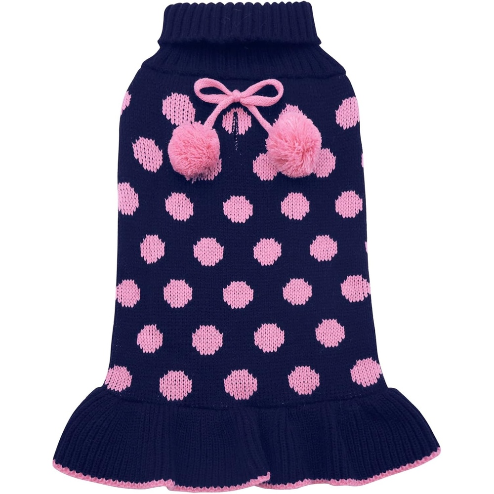 image:imageKYEESE Dog Sweaters with Leash Hole for Small Dogs Turtleneck Dog Sweater Dress for Girl Polka Dot Knit Pullover Doggie Sweater Warm Pet Sweater05 Navyblue