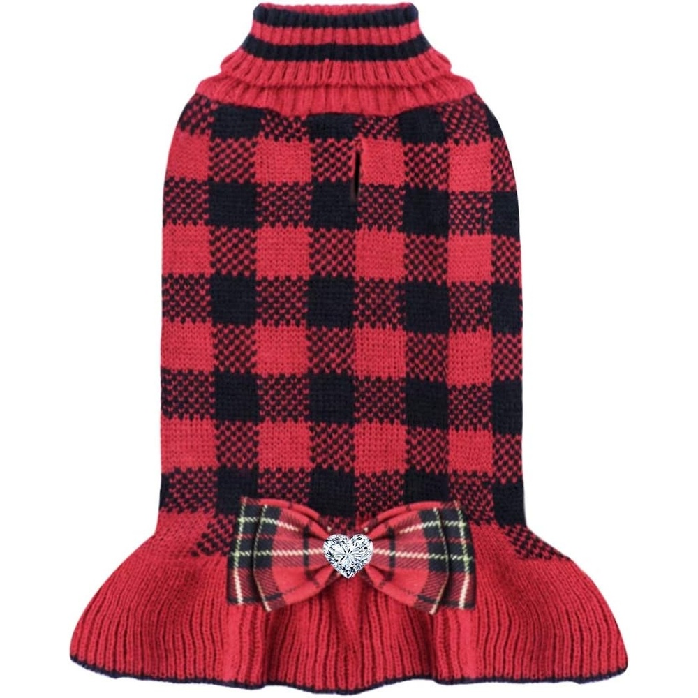 image:imageKYEESE Dog Sweaters with Leash Hole for Small Dogs Turtleneck Dog Sweater Dress for Girl Polka Dot Knit Pullover Doggie Sweater Warm Pet Sweater09Red Plaid