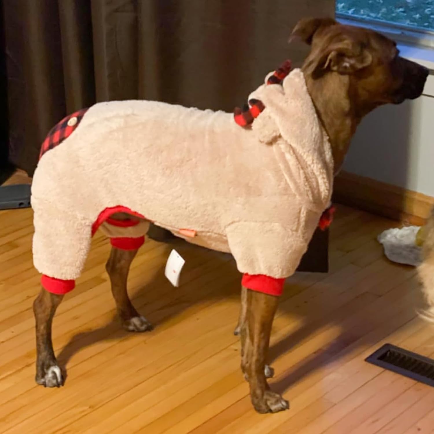 image:imageKYEESE Dog Christmas Pajamas with Reindeer Antler Hood Warm and Cozy Dog Pjs for Small Dogs Red Buffalo Check Holiday Pet Onesie Soft Winter Sleepwear Medium01 Christmas Reindeer