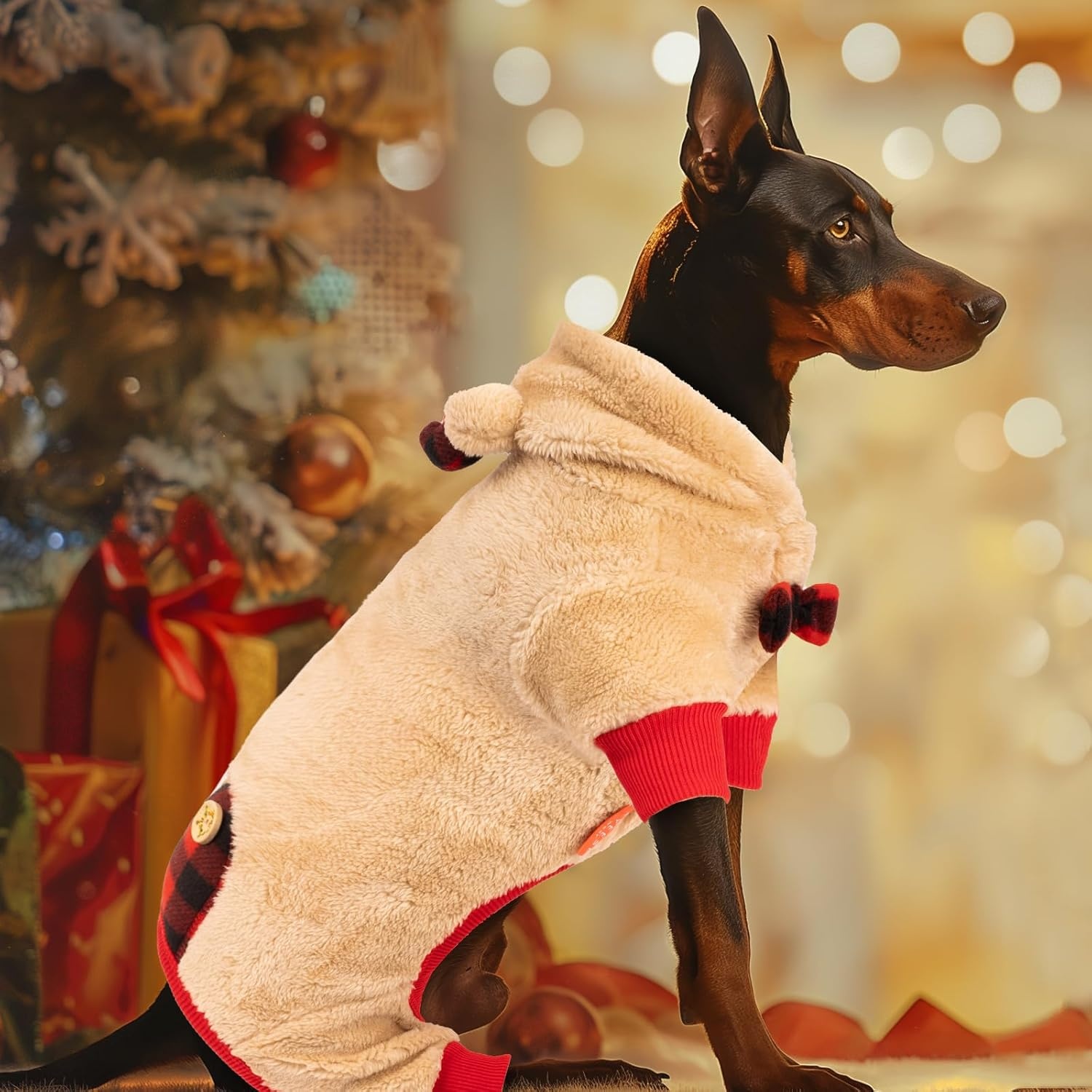 image:imageKYEESE Dog Christmas Pajamas with Reindeer Antler Hood Warm and Cozy Dog Pjs for Small Dogs Red Buffalo Check Holiday Pet Onesie Soft Winter Sleepwear Medium01 Christmas Reindeer