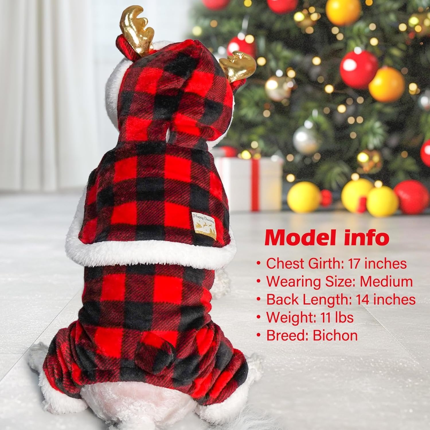 image:imageKYEESE Dog Christmas Pajamas with Reindeer Antler Hood Warm and Cozy Dog Pjs for Small Dogs Red Buffalo Check Holiday Pet Onesie Soft Winter Sleepwear Medium02 Christmas Deer