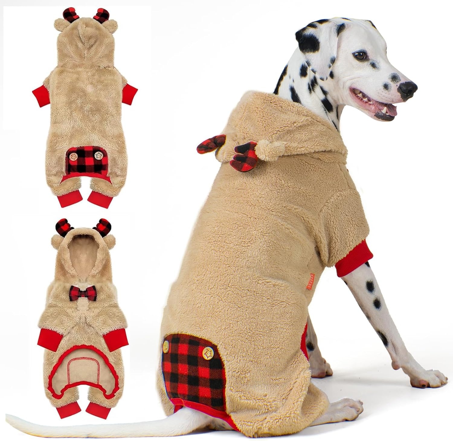 image:imageKYEESE Dog Christmas Pajamas with Reindeer Antler Hood Warm and Cozy Dog Pjs for Small Dogs Red Buffalo Check Holiday Pet Onesie Soft Winter Sleepwear Medium01 Christmas Reindeer