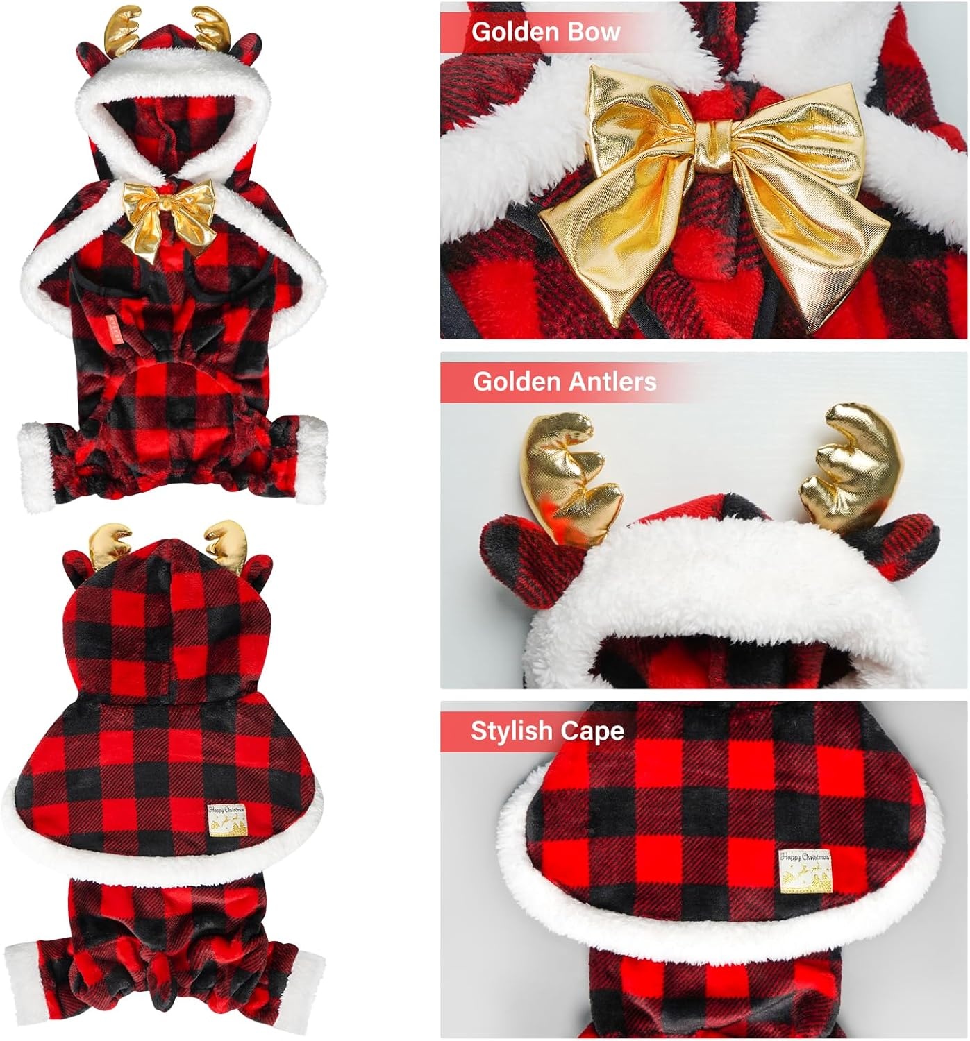 image:imageKYEESE Dog Christmas Pajamas with Reindeer Antler Hood Warm and Cozy Dog Pjs for Small Dogs Red Buffalo Check Holiday Pet Onesie Soft Winter Sleepwear Medium02 Christmas Deer