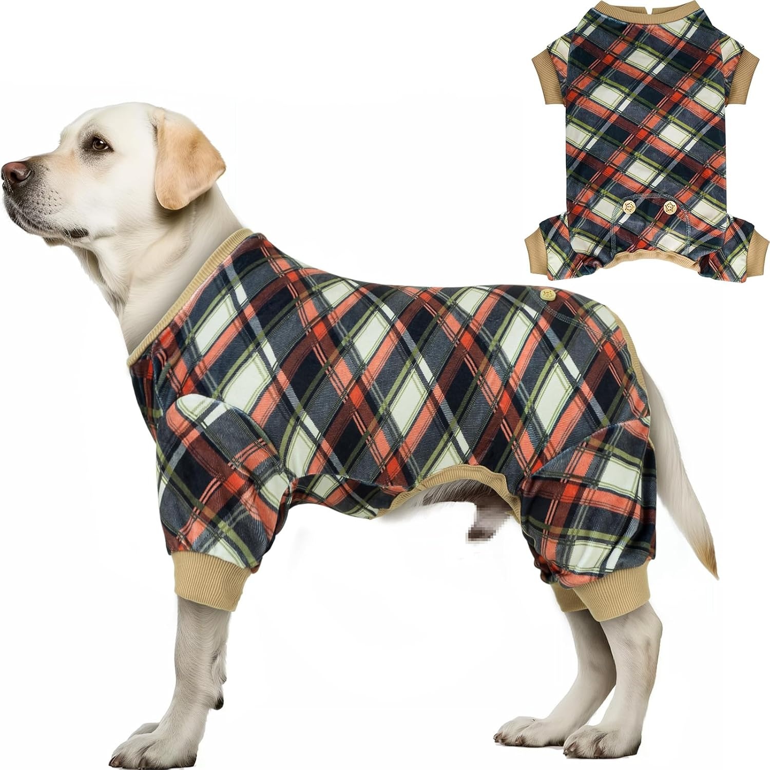 image:imageKYEESE Dog Pajamas Soft Dog Pajamas for Small Dogs Comfy Pet Costume Warm 4 Legs Pet Jammies Velvet Pets Onesie Stretchy Dogs Clothes Red Buffalo Check Pet PjsMKhaki