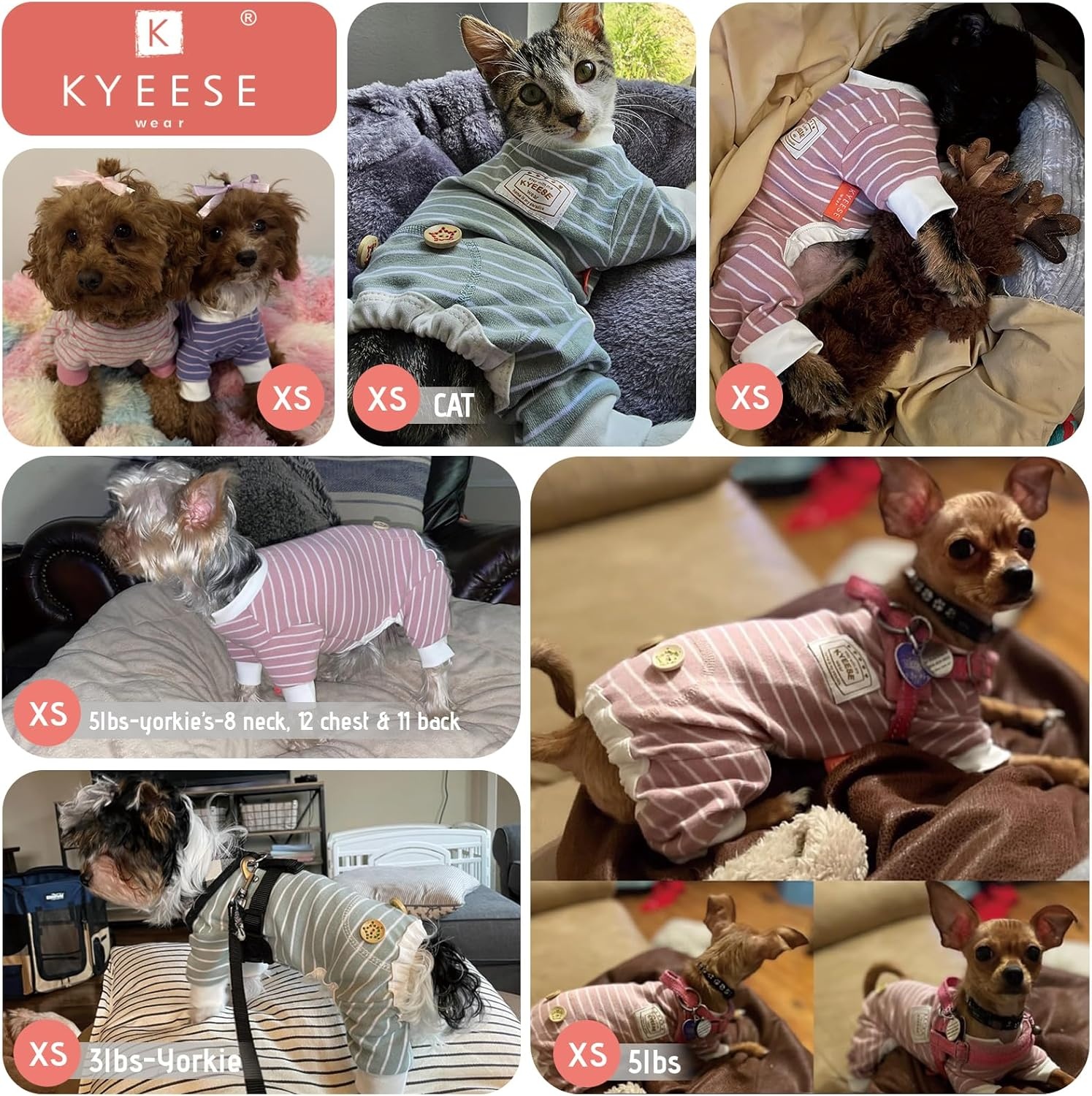 image:imageKYEESE Dog Pajamas Stretchable 4 Legs Doggie Jammies Striped Jumpsuit Lightweight Onesie Puppy Pajamas Cozy Outfit Comfortable Dog Clothes Hair Shedding Cover Pet Sleepwear Green Striped Medium09 Pink