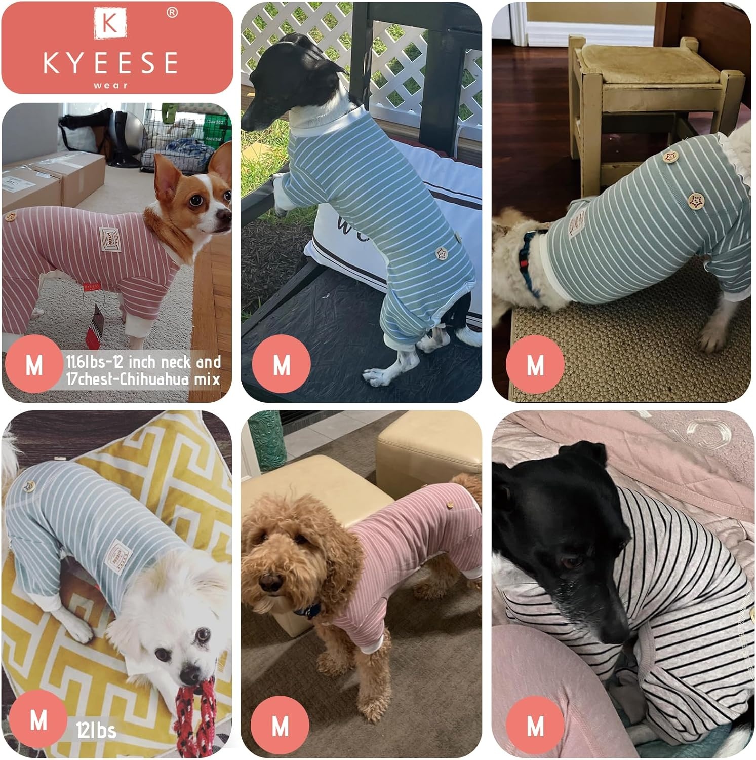 image:imageKYEESE Dog Pajamas Stretchable 4 Legs Doggie Jammies Striped Jumpsuit Lightweight Onesie Puppy Pajamas Cozy Outfit Comfortable Dog Clothes Hair Shedding Cover Pet Sleepwear Green Striped Medium09 Pink