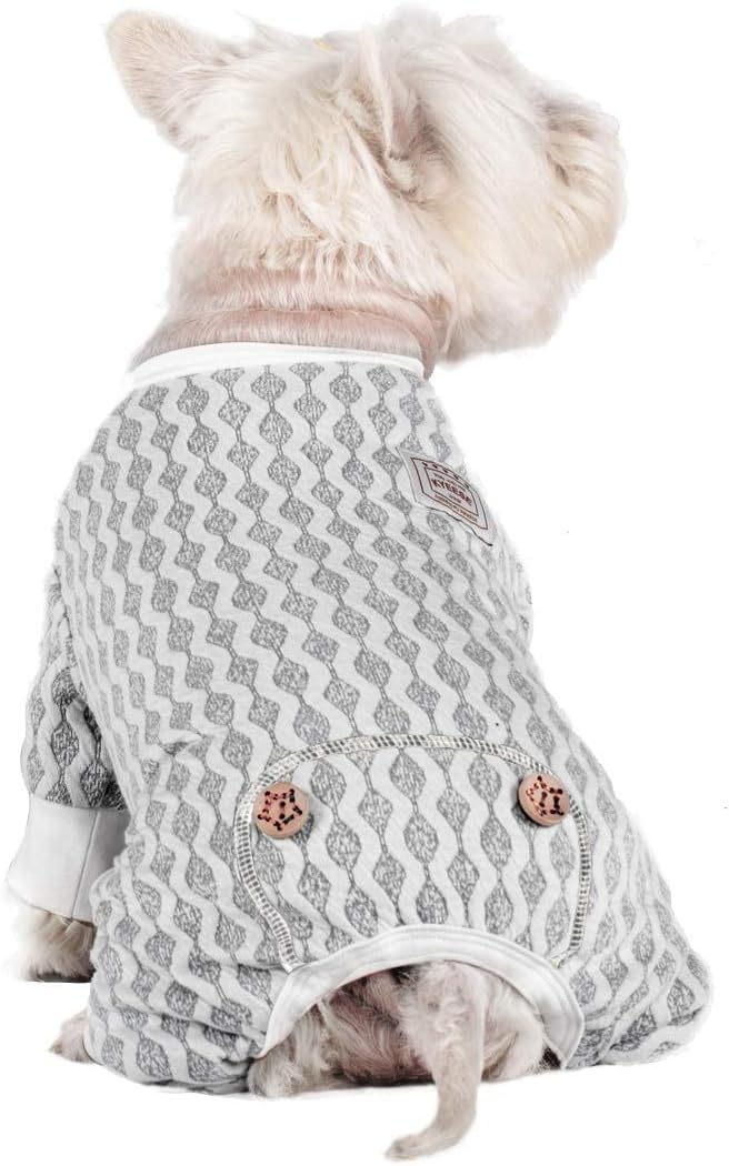 image:imageKYEESE Dog Pajamas Stretchable 4 Legs Doggie Jammies Striped Jumpsuit Lightweight Onesie Puppy Pajamas Cozy Outfit Comfortable Dog Clothes Hair Shedding Cover Pet Sleepwear Green Striped Medium10 Grey