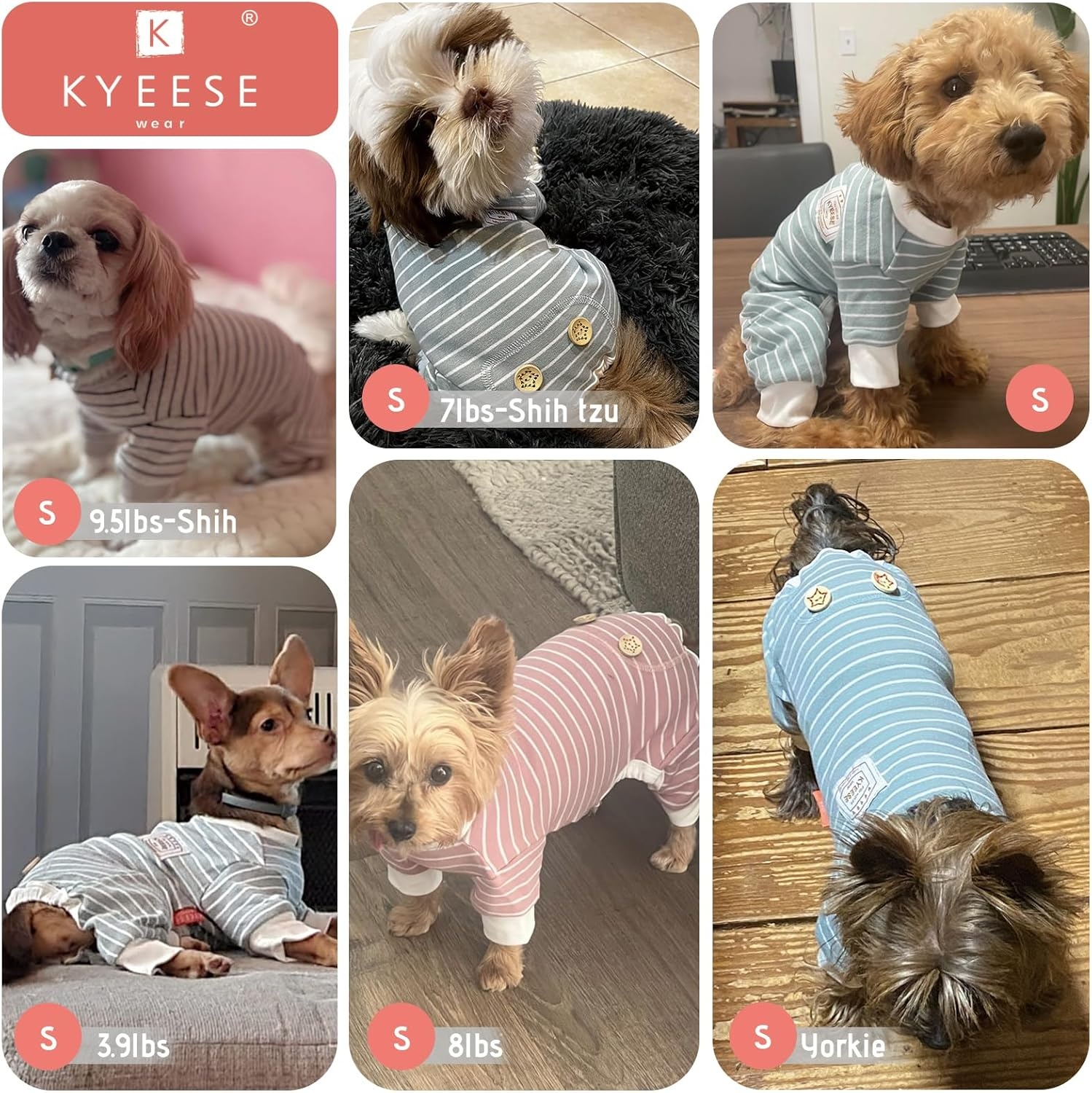 image:imageKYEESE Dog Pajamas Stretchable 4 Legs Doggie Jammies Striped Jumpsuit Lightweight Onesie Puppy Pajamas Cozy Outfit Comfortable Dog Clothes Hair Shedding Cover Pet Sleepwear Green Striped Medium09 Pink