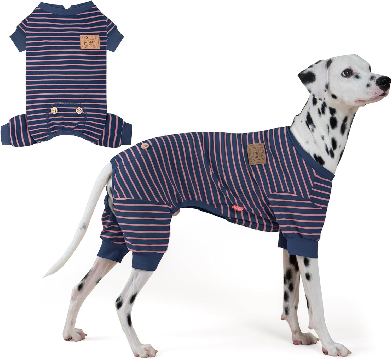 image:imageKYEESE Dog Pajamas Stretchable 4 Legs Doggie Jammies Striped Jumpsuit Lightweight Onesie Puppy Pajamas Cozy Outfit Comfortable Dog Clothes Hair Shedding Cover Pet Sleepwear Green Striped Medium06 Navy Blue Stripe