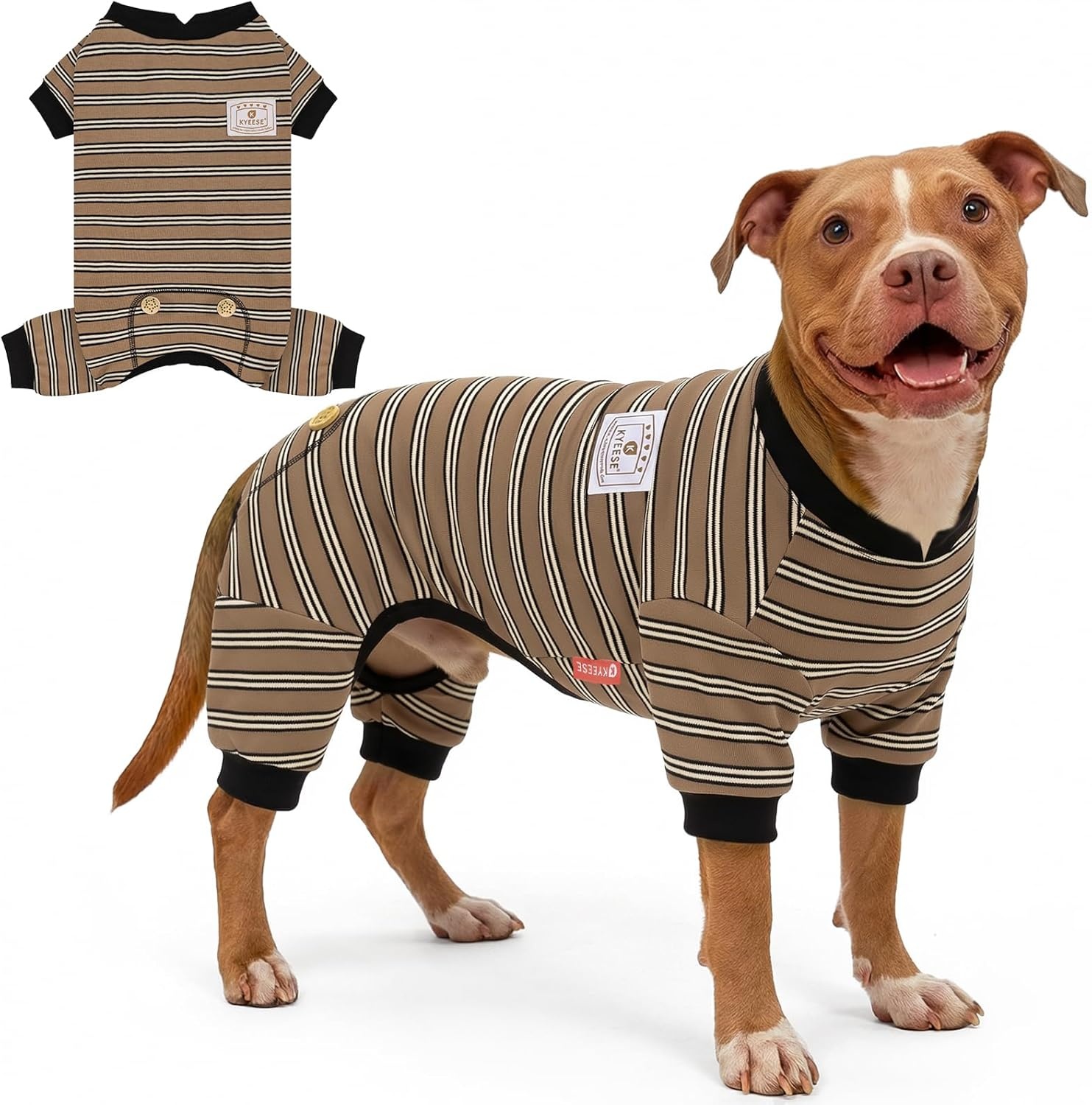 image:imageKYEESE Dog Pajamas Stretchable 4 Legs Doggie Jammies Striped Jumpsuit Lightweight Onesie Puppy Pajamas Cozy Outfit Comfortable Dog Clothes Hair Shedding Cover Pet Sleepwear Green Striped Medium05 Brown Stripe